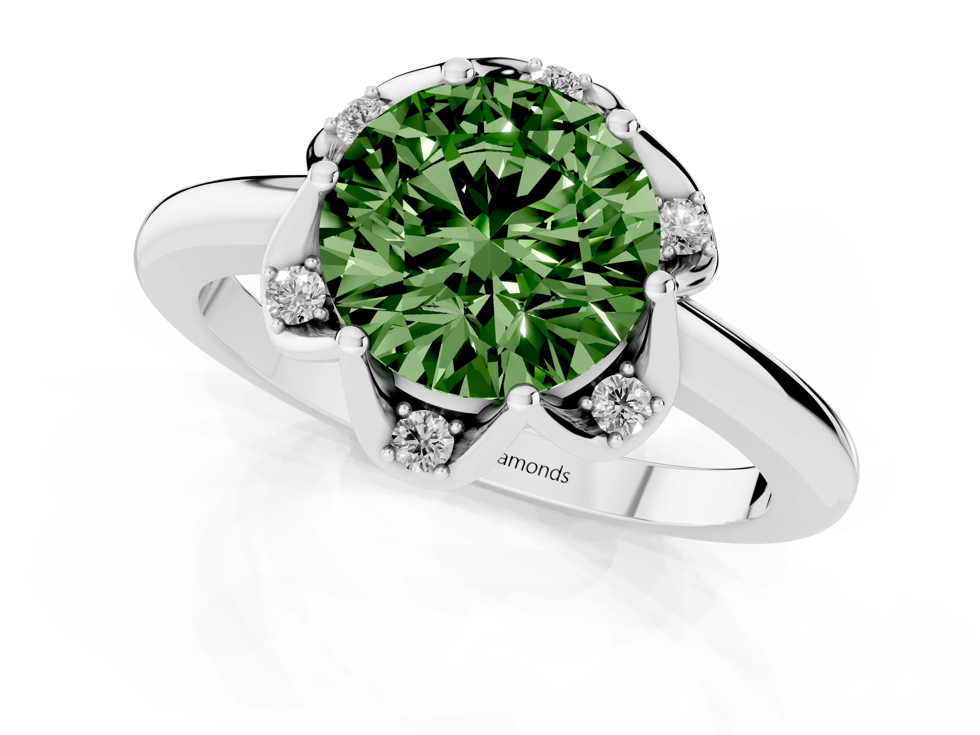 Fancy Green Round Cut Diamond Round Cluster Halo Ring Set in Silver with Solitaire Band and Prong Setting