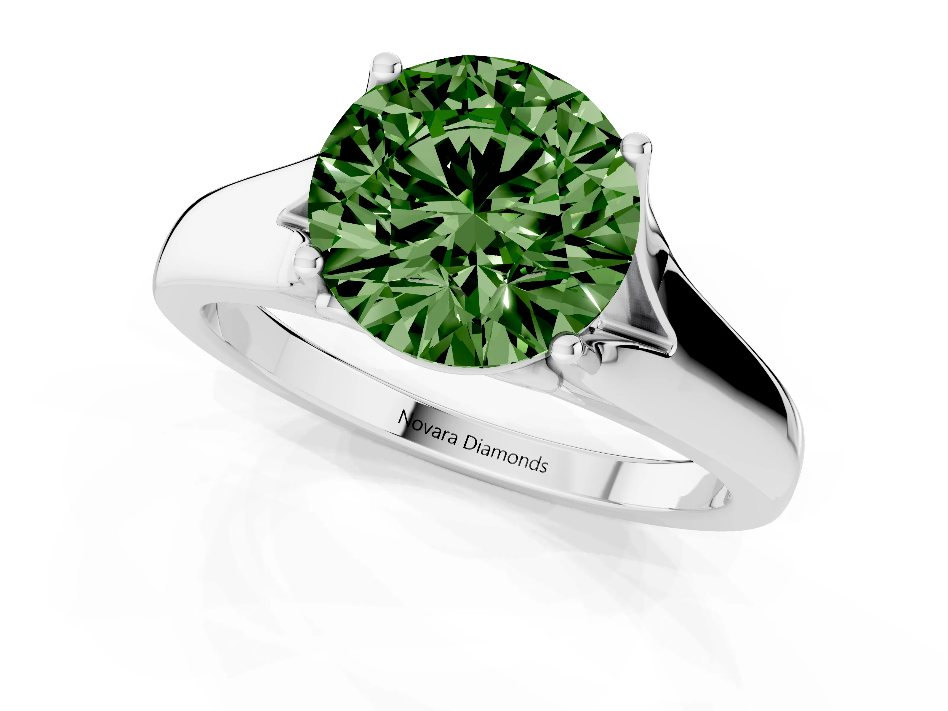 Fancy Green Round Cut Diamond Solitaire Ring Set in Platinum with Arched Cathedral Band and Prong Setting