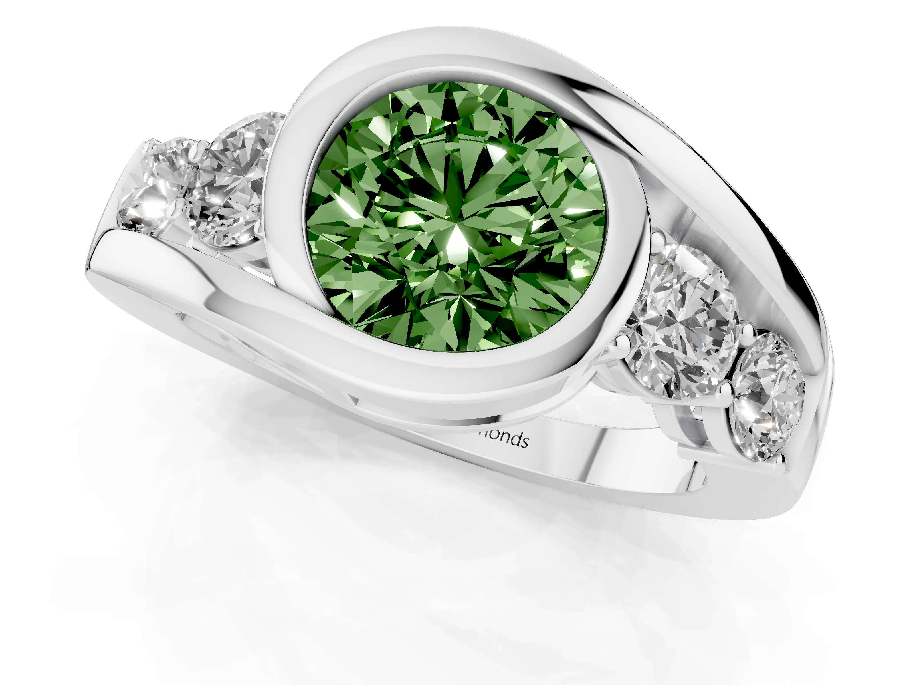 Fancy Green Round Cut Diamond Bezel Bypass Ring Set in Silver with Round Accents