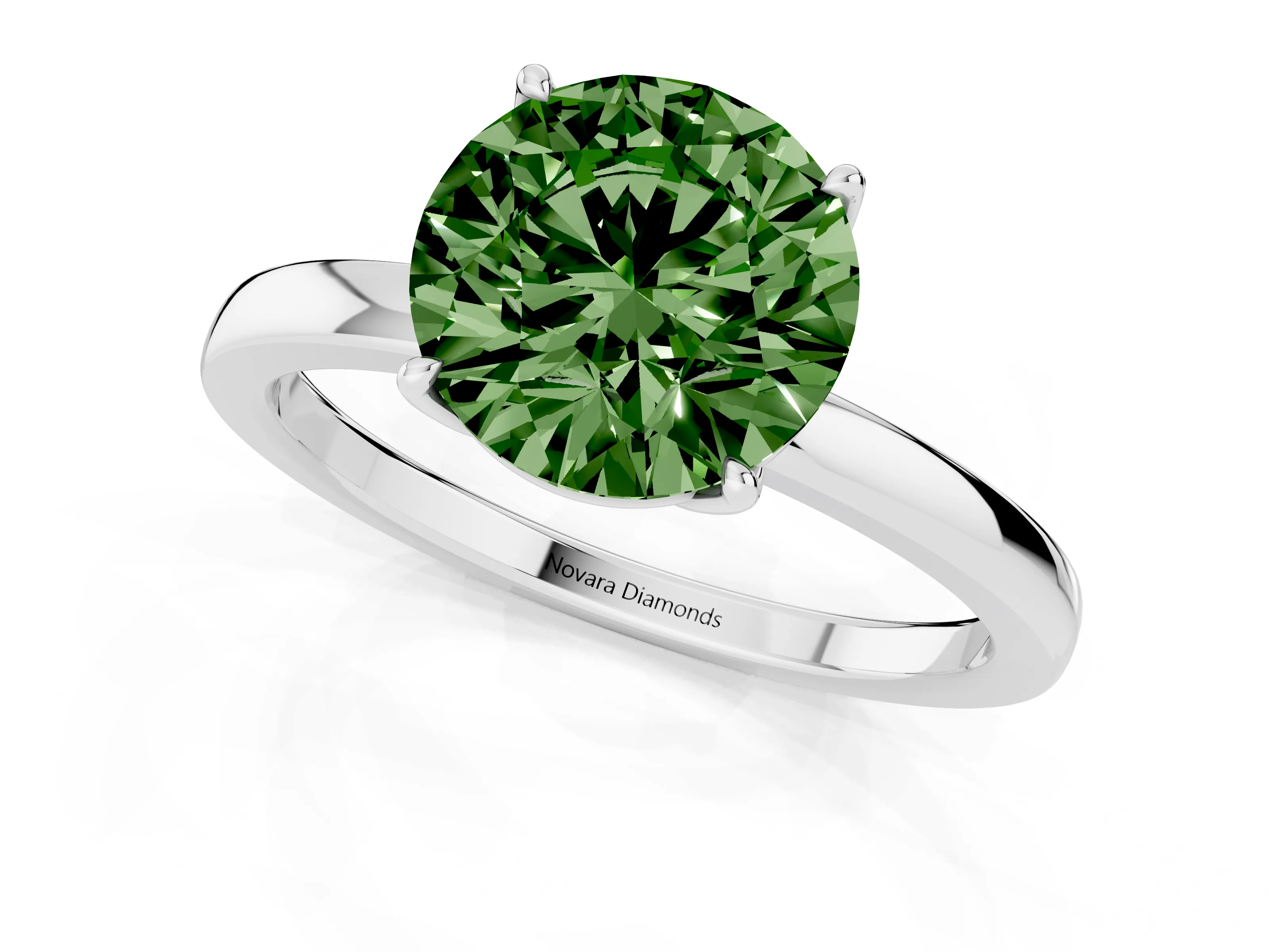 Fancy Green Round Cut Diamond Solitaire Ring Set in White gold with Prong Setting and Thin Polished Band