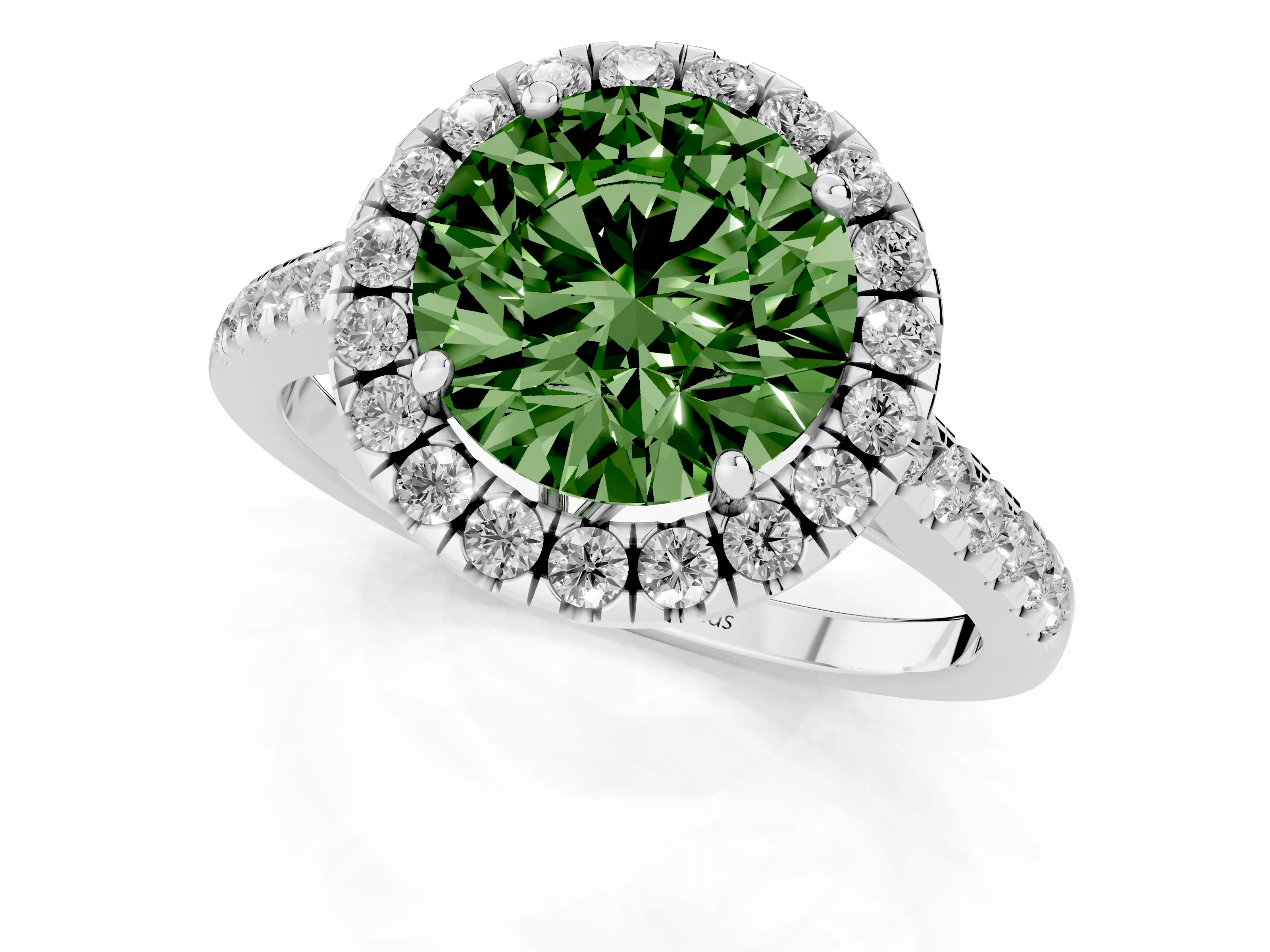 Fancy Green Round Cut Diamond Pavé Halo Engagement Ring Set in Platinum with Pavé Band and Prong Setting