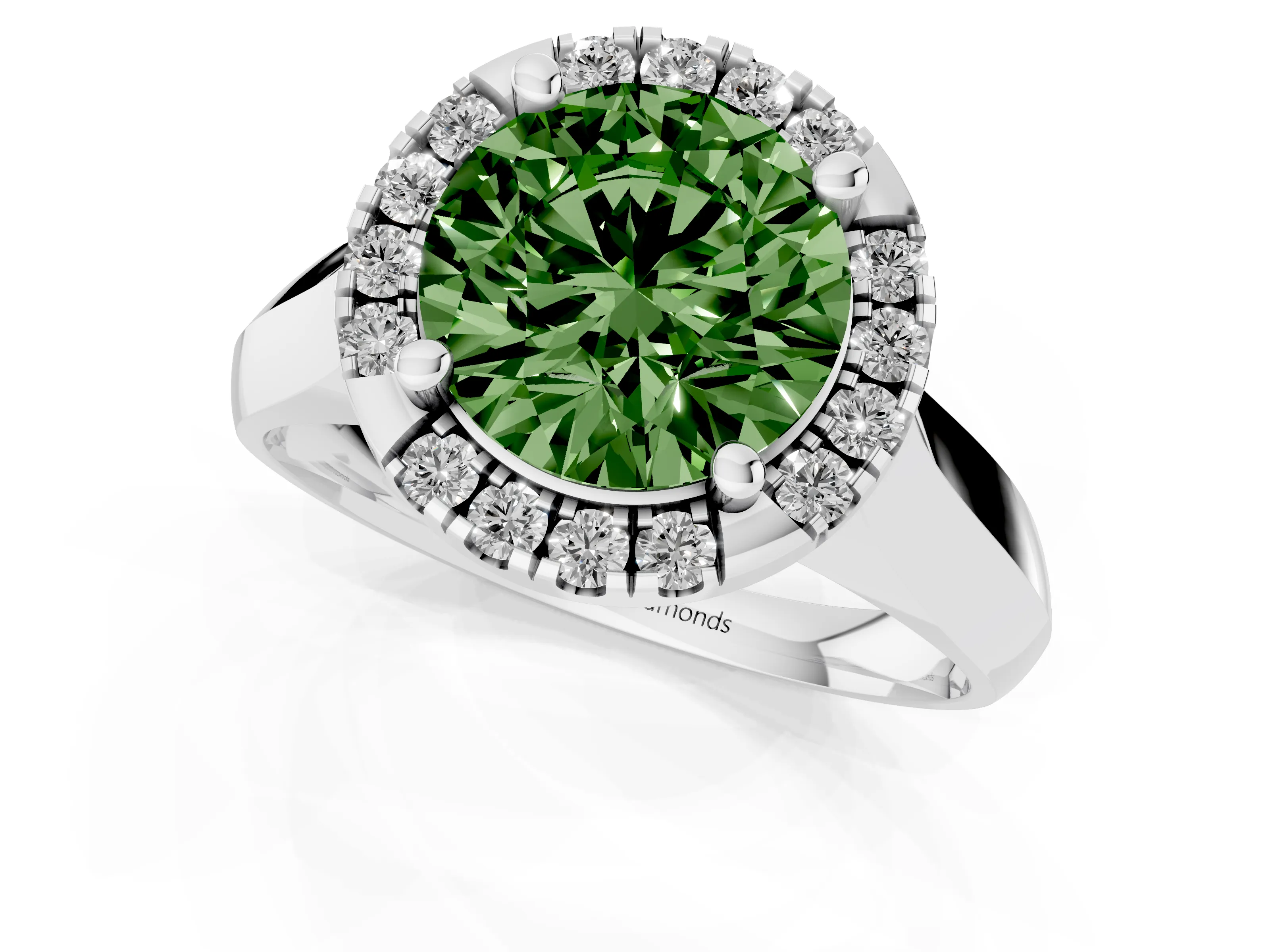 Fancy Green Round Cut Diamond Halo Solitaire Engagement Ring Set in Silver with Square Band and Prong Setting