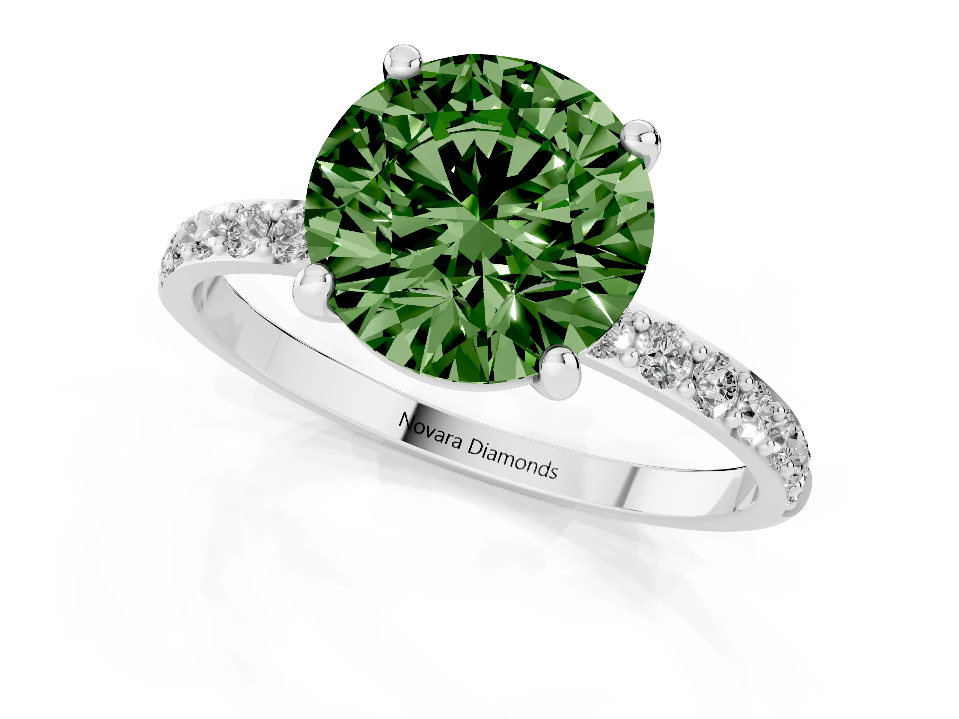 Fancy Green Round Cut Diamond Solitaire Ring Set in Platinum with Round Pavé Band and Prong Setting