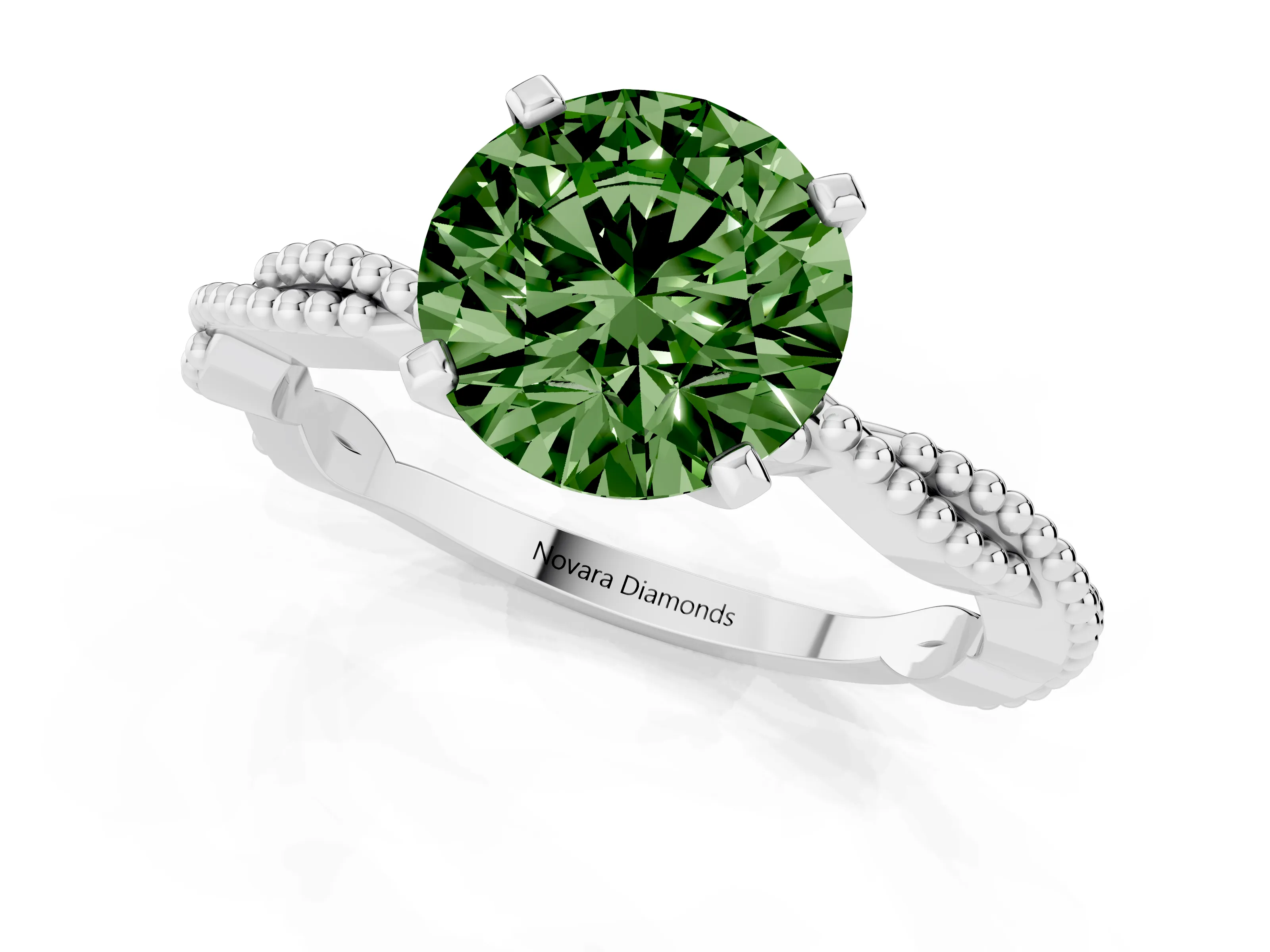 Fancy Green Round Cut Diamond Solitaire Ring Set in White gold with Twisted Band and Bead Prong Setting