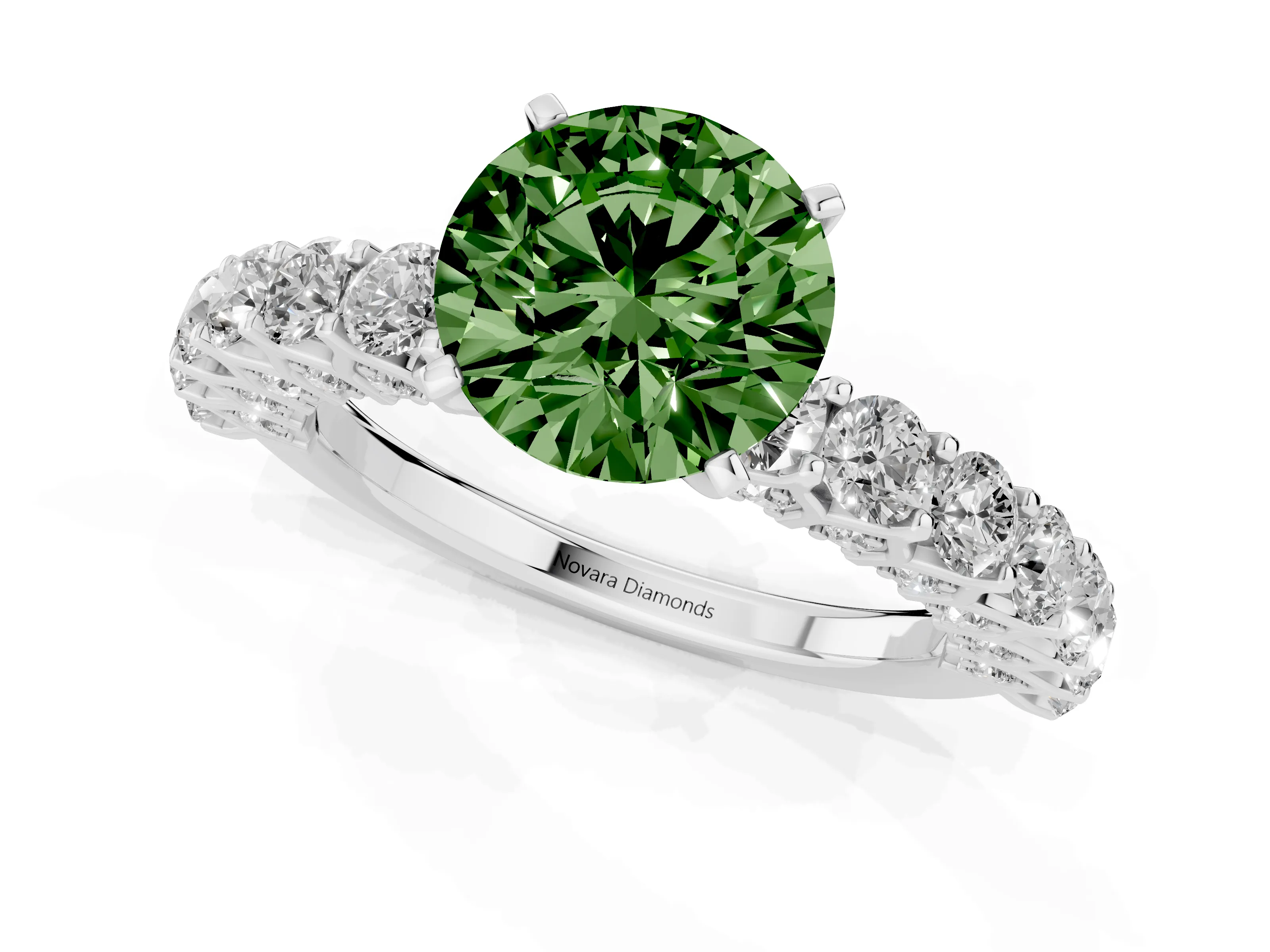 Fancy Green Round Cut Diamond Solitaire Ring Set in Silver with Shared Prong Pavé Band