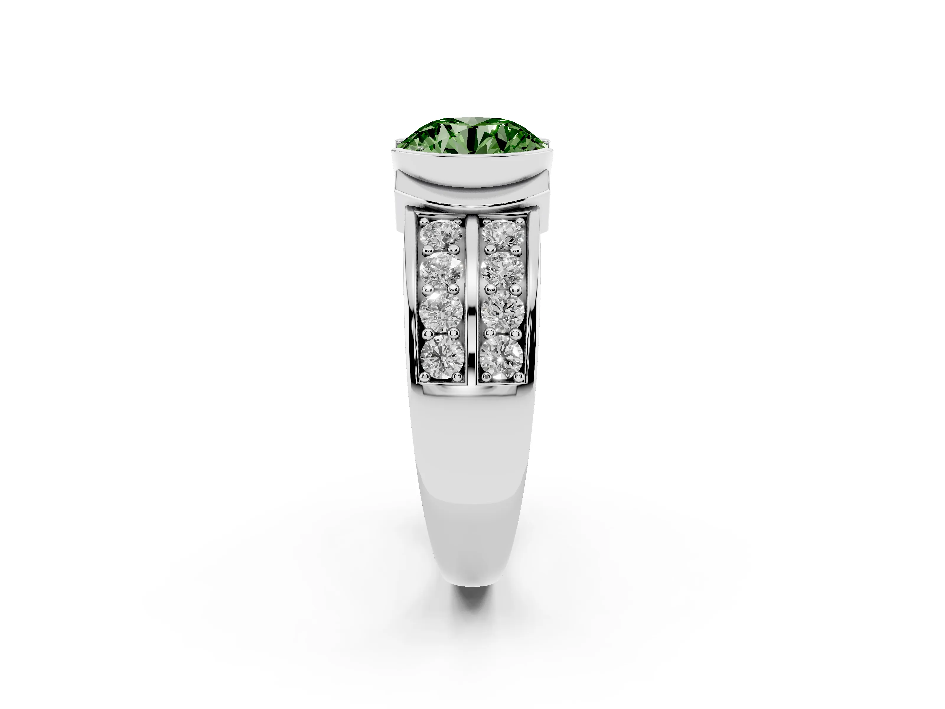Fancy Green Round Cut Diamond Wide Channel Set Band Ring Set in Platinum with Bezel Setting