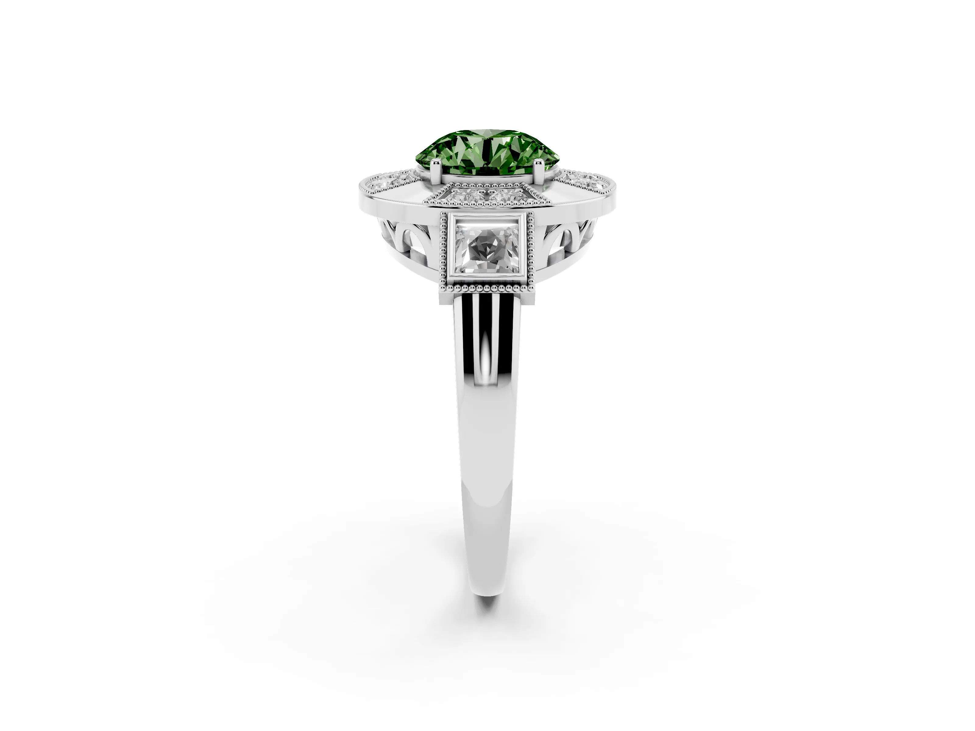 Fancy Green Round Cut Diamond Milgrain Halo Ring Set in Platinum with Split Shank