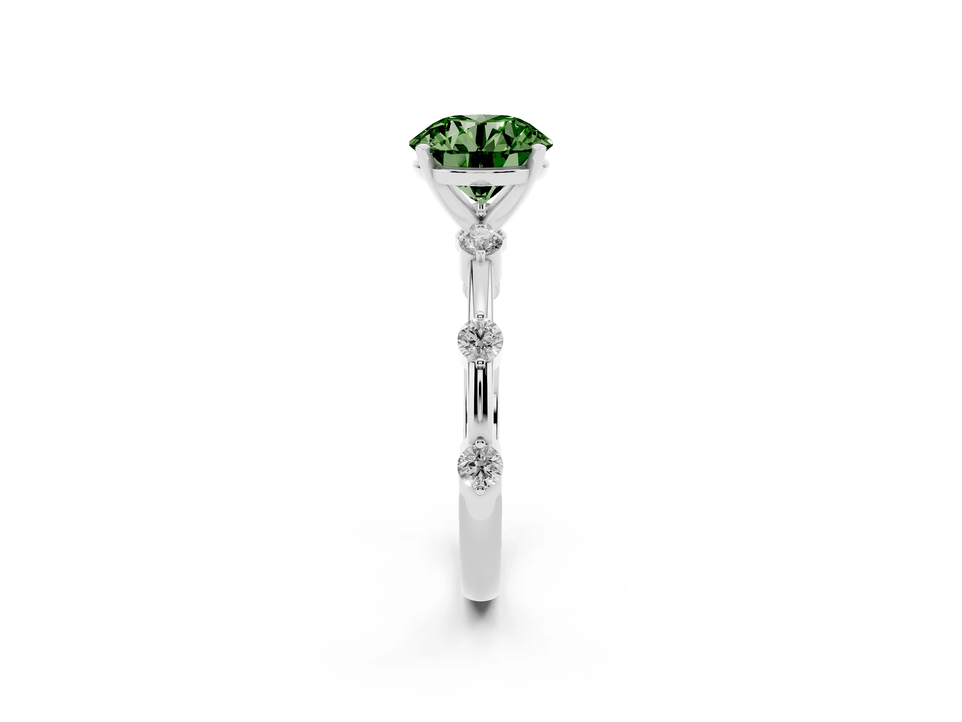 Fancy Green Round Cut Diamond Solitaire Ring Set in Silver with Bezel Set Side Stones and Prong Setting