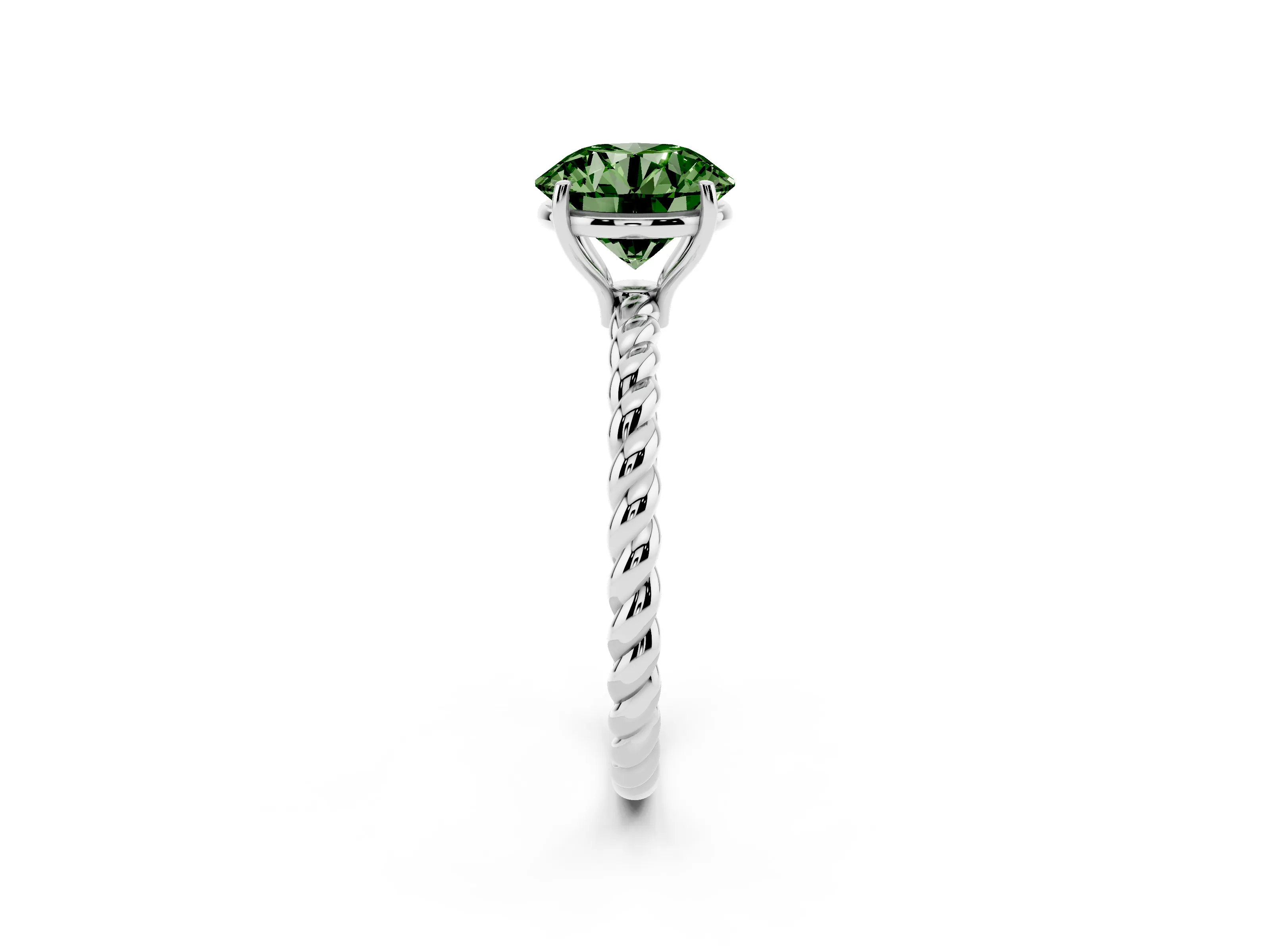 Fancy Green Round Cut Diamond Solitaire Ring Set in White gold with Twist Band and Prong Setting