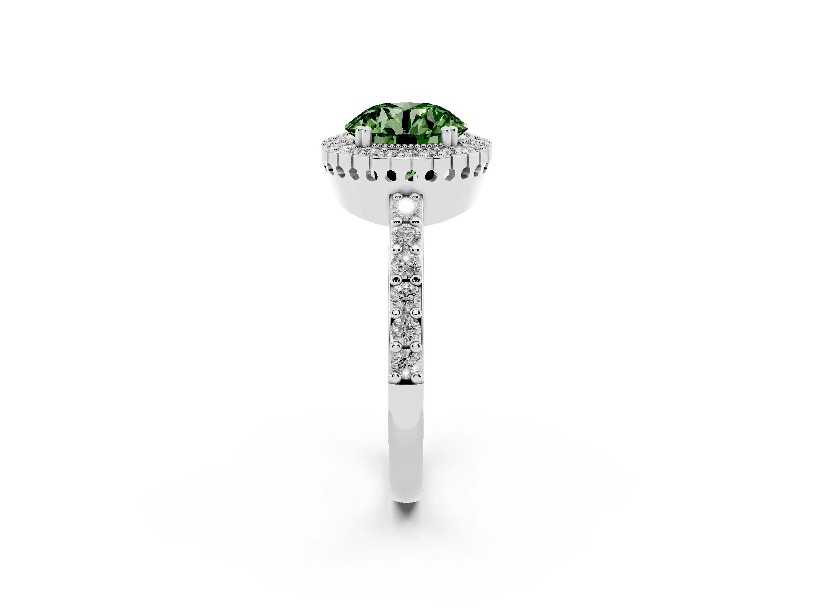 Fancy Green Round Cut Diamond Halo Engagement Ring Set in White gold with Milgrain Detail and Pavé Band