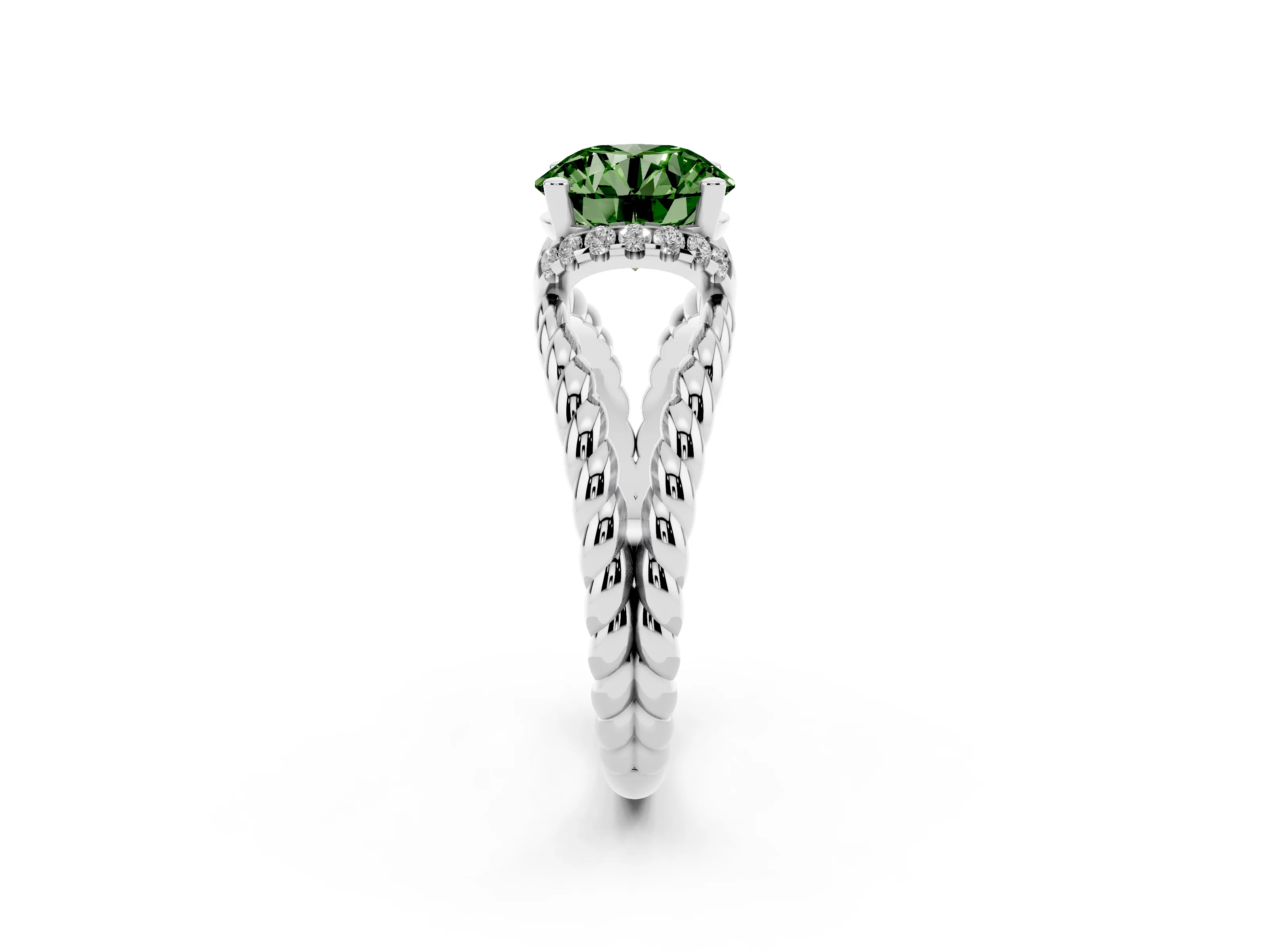 Fancy Green Round Cut Diamond Halo Ring Set in White gold with Twisted Band and Prong Setting