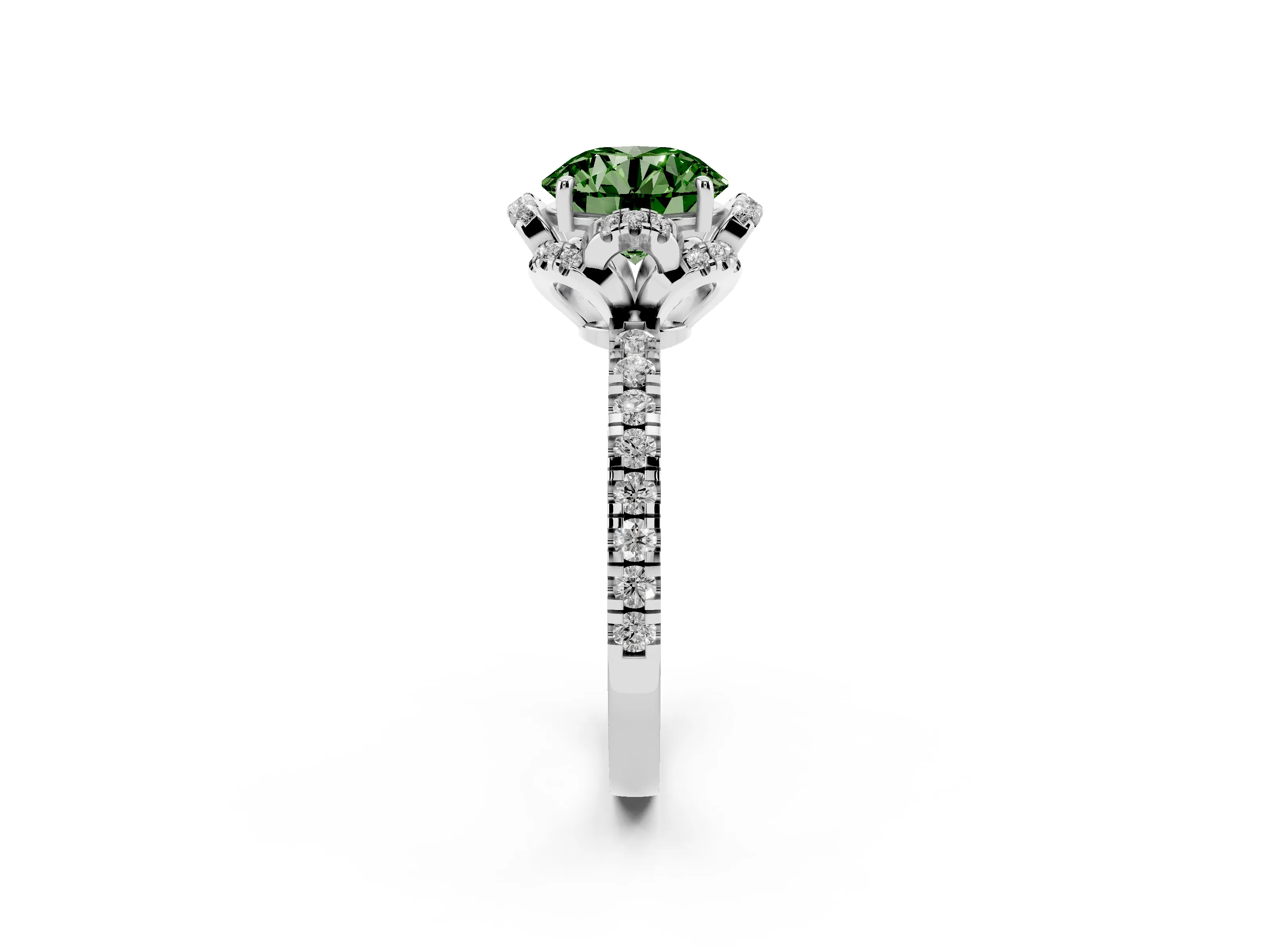 Fancy Green Round Cut Diamond Halo Pavé Band Ring Set in White gold with Prong-Held Center