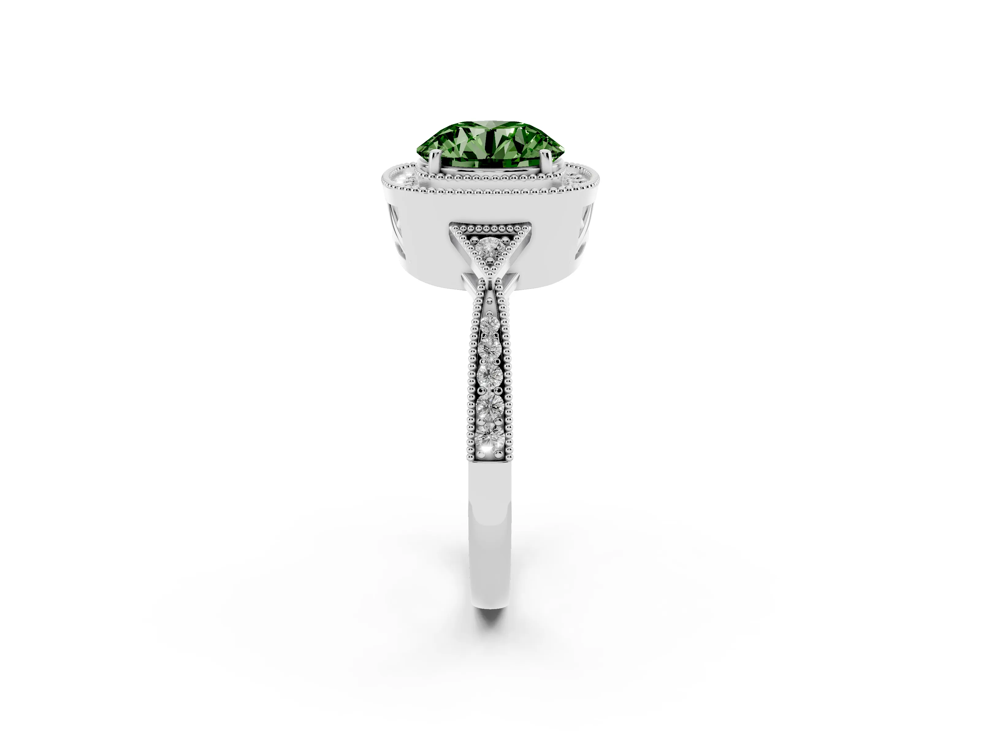 Fancy Green Round Cut Diamond Halo Engagement Ring Set in Platinum with Milgrain Pavé Band