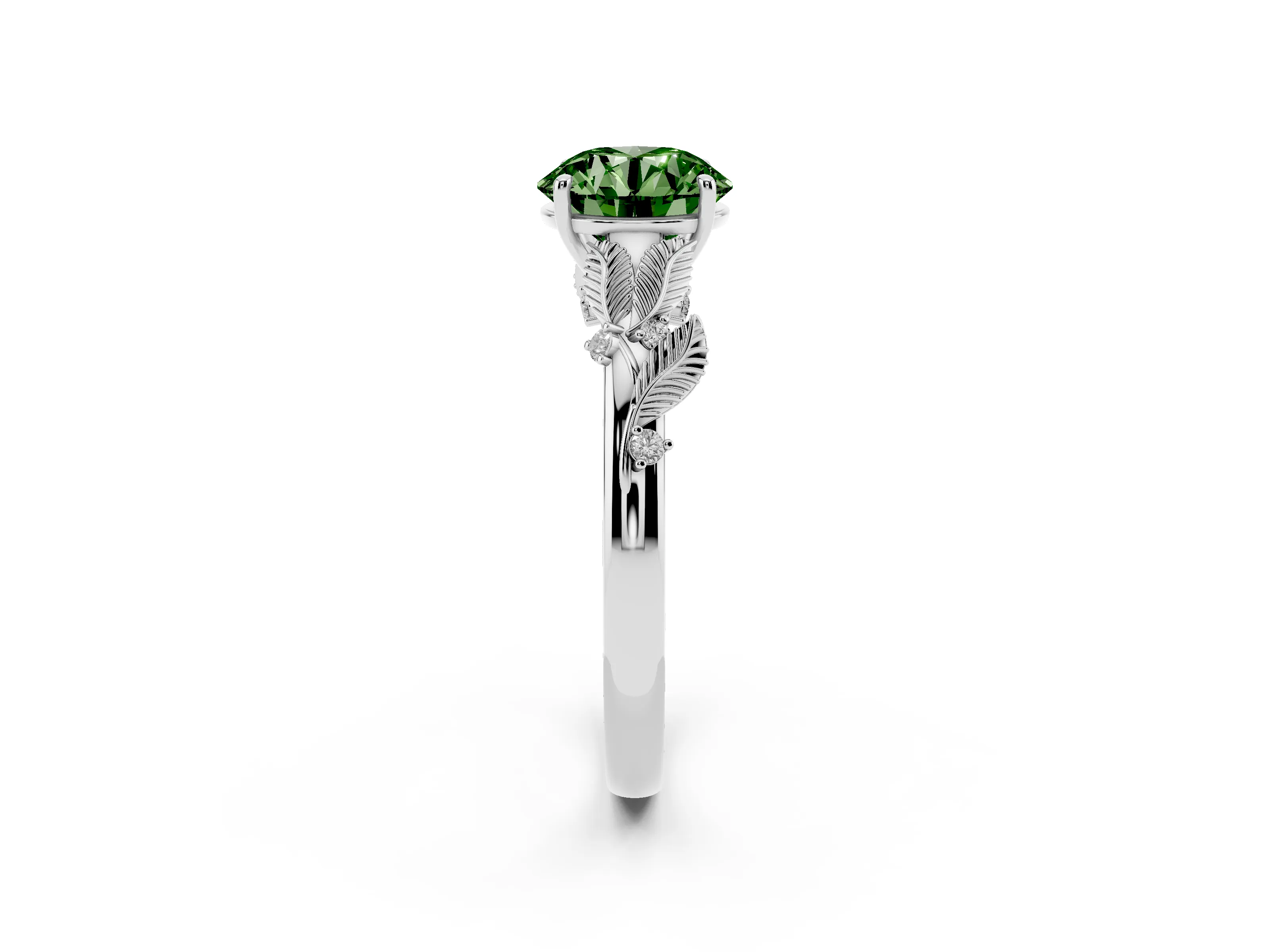 Fancy Green Round Cut Diamond Solitaire Ring Set in Silver with Leaf Motif Band