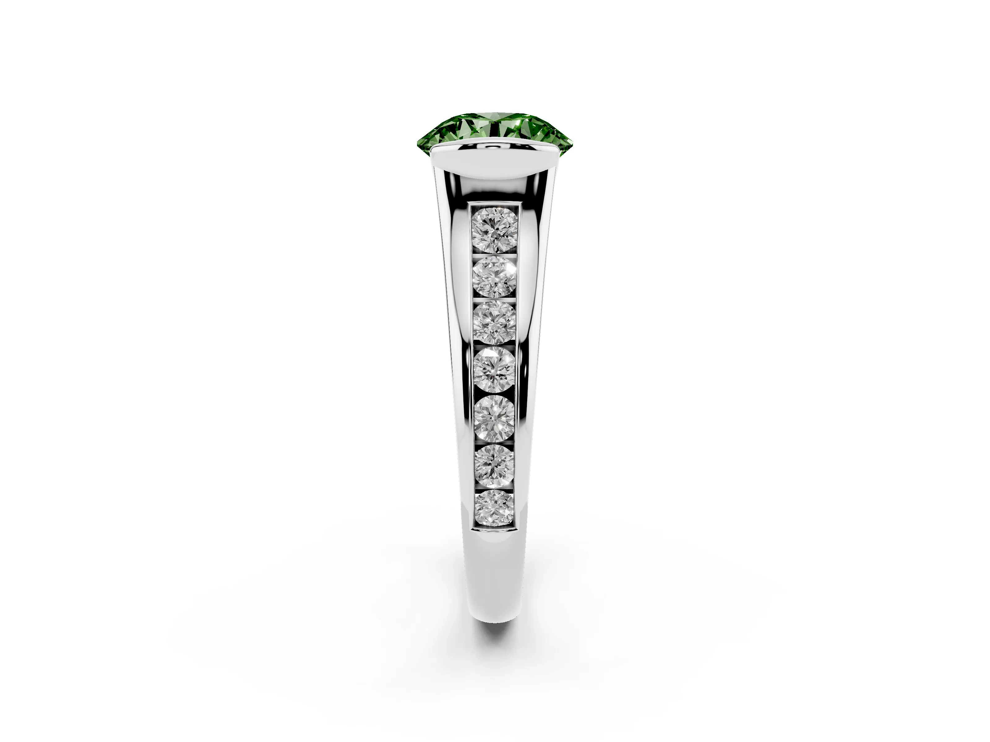 Fancy Green Round Cut Diamond Bezel-Set Solitaire Ring Set in White gold with Channel-Set Band