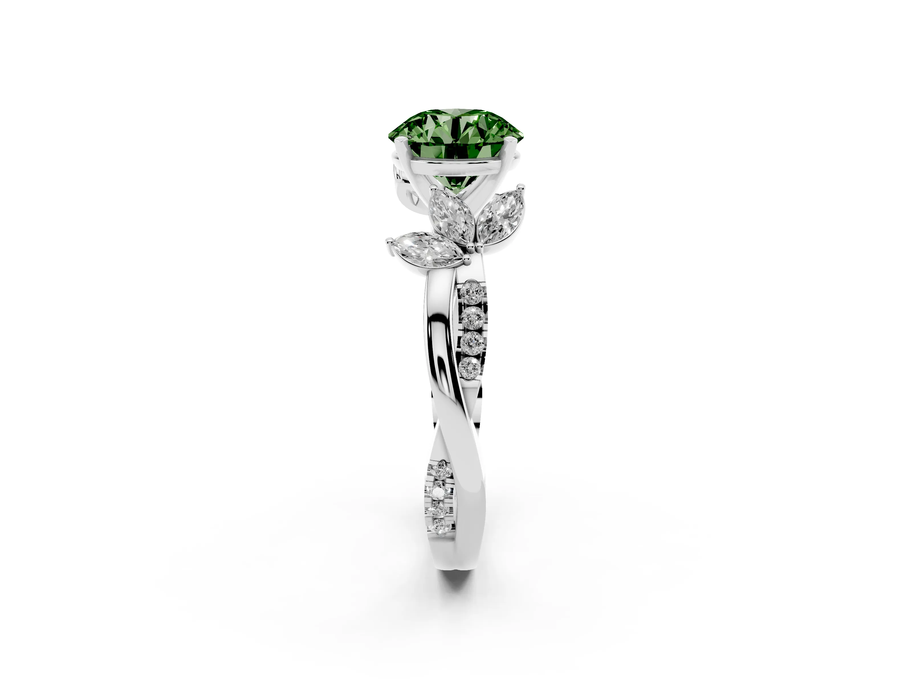 Fancy Green Round Cut Diamond Floral Vine Solitaire Engagement Ring Set in Platinum with Marquise Leaves