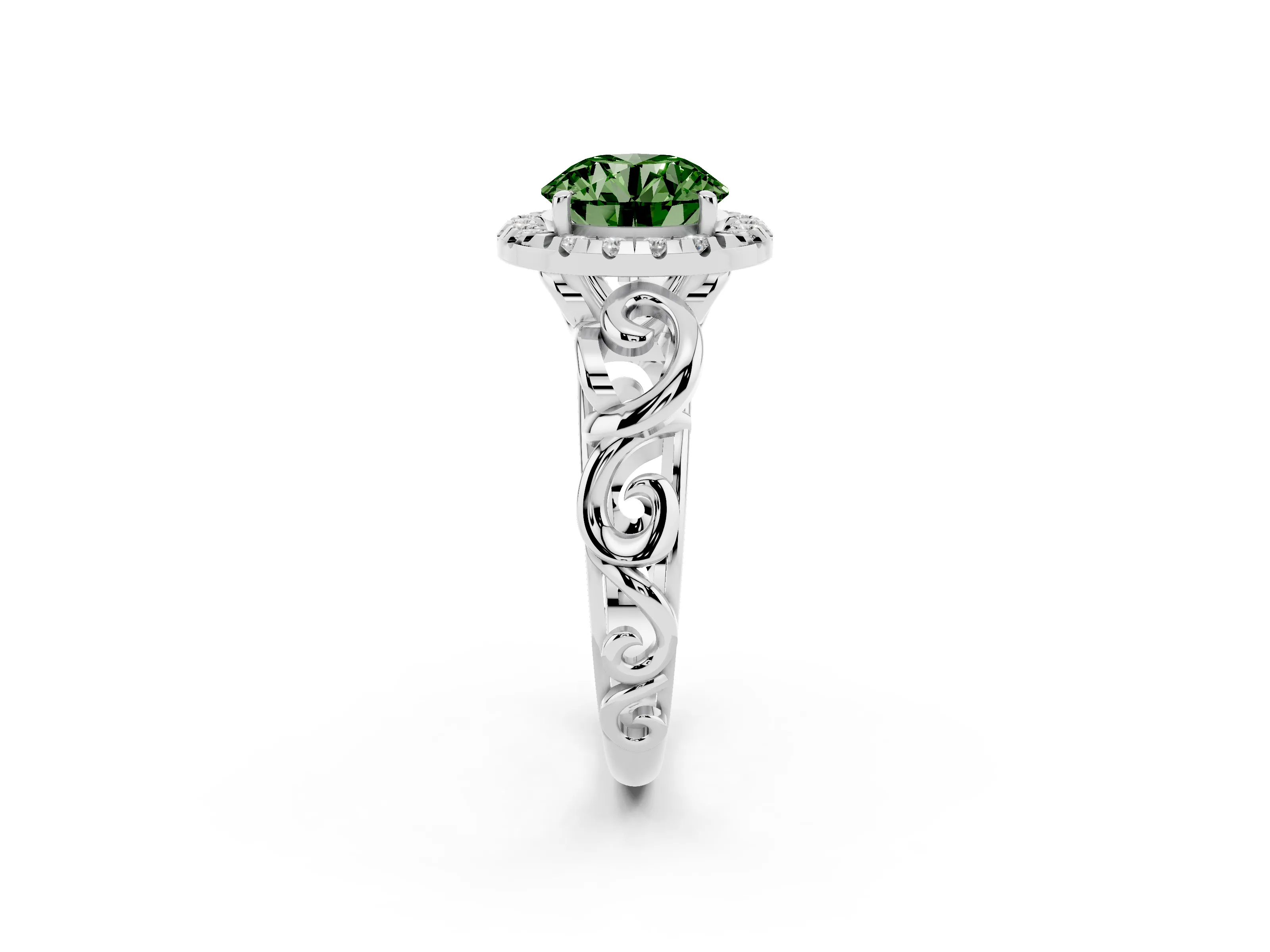 Fancy Green Round Cut Diamond Halo Ring Set in Platinum with Scrollwork Band and Prong Setting