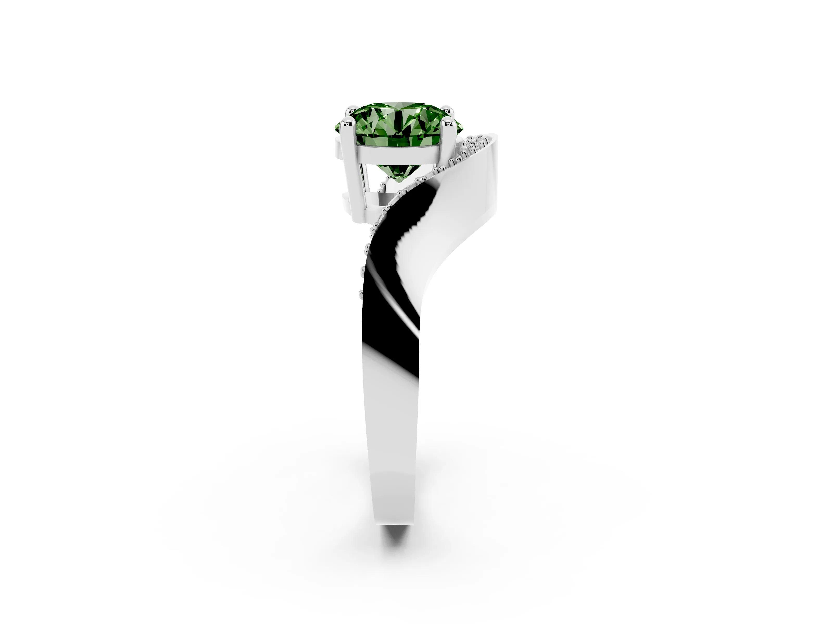 Fancy Green Round Cut Diamond Solitaire Engagement Ring Set in Platinum with Pavé Shoulders