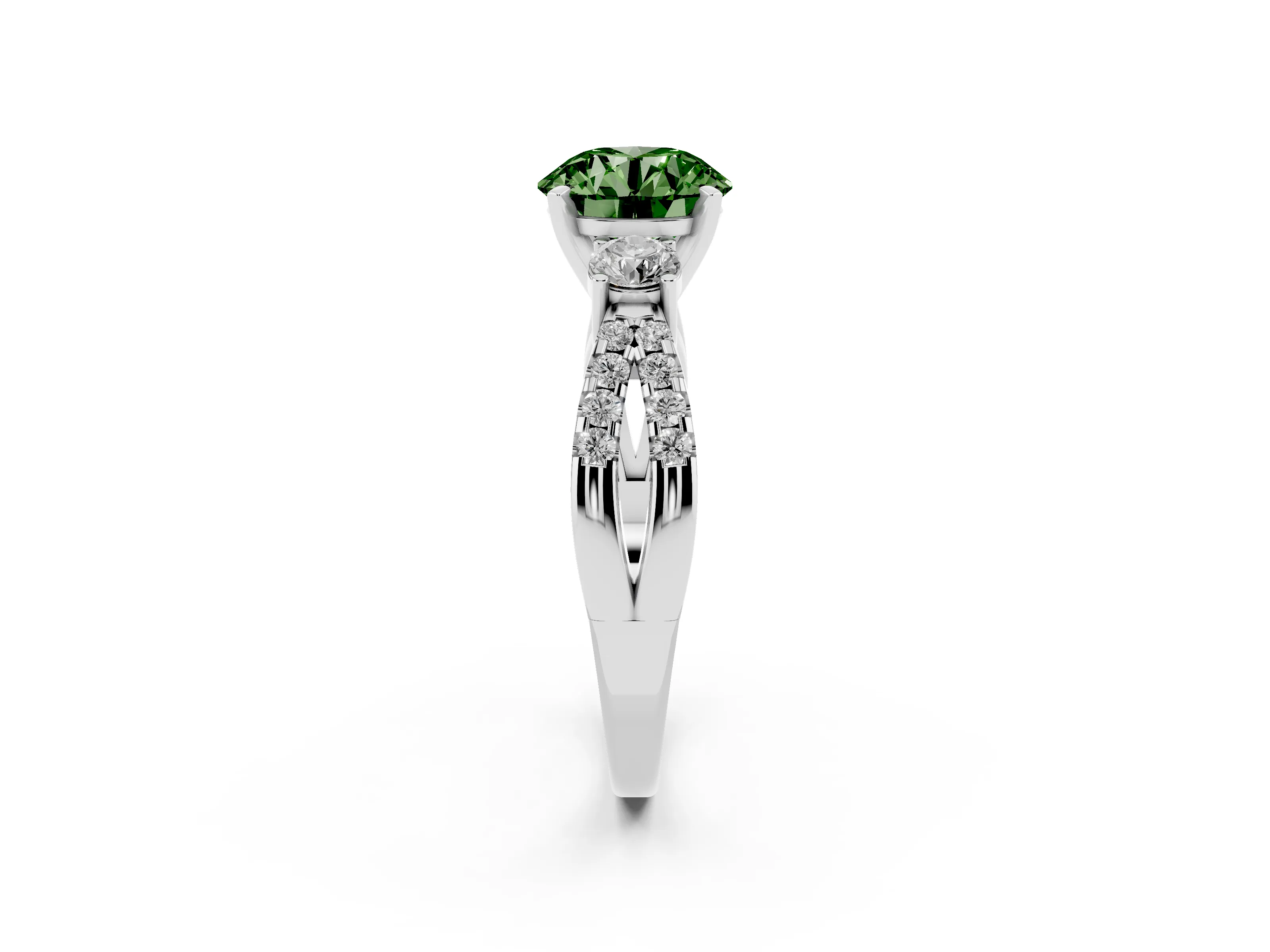 Fancy Green Round Cut Diamond Three-Stone Ring Set in Platinum with Pavé Split Shank and Prong Setting