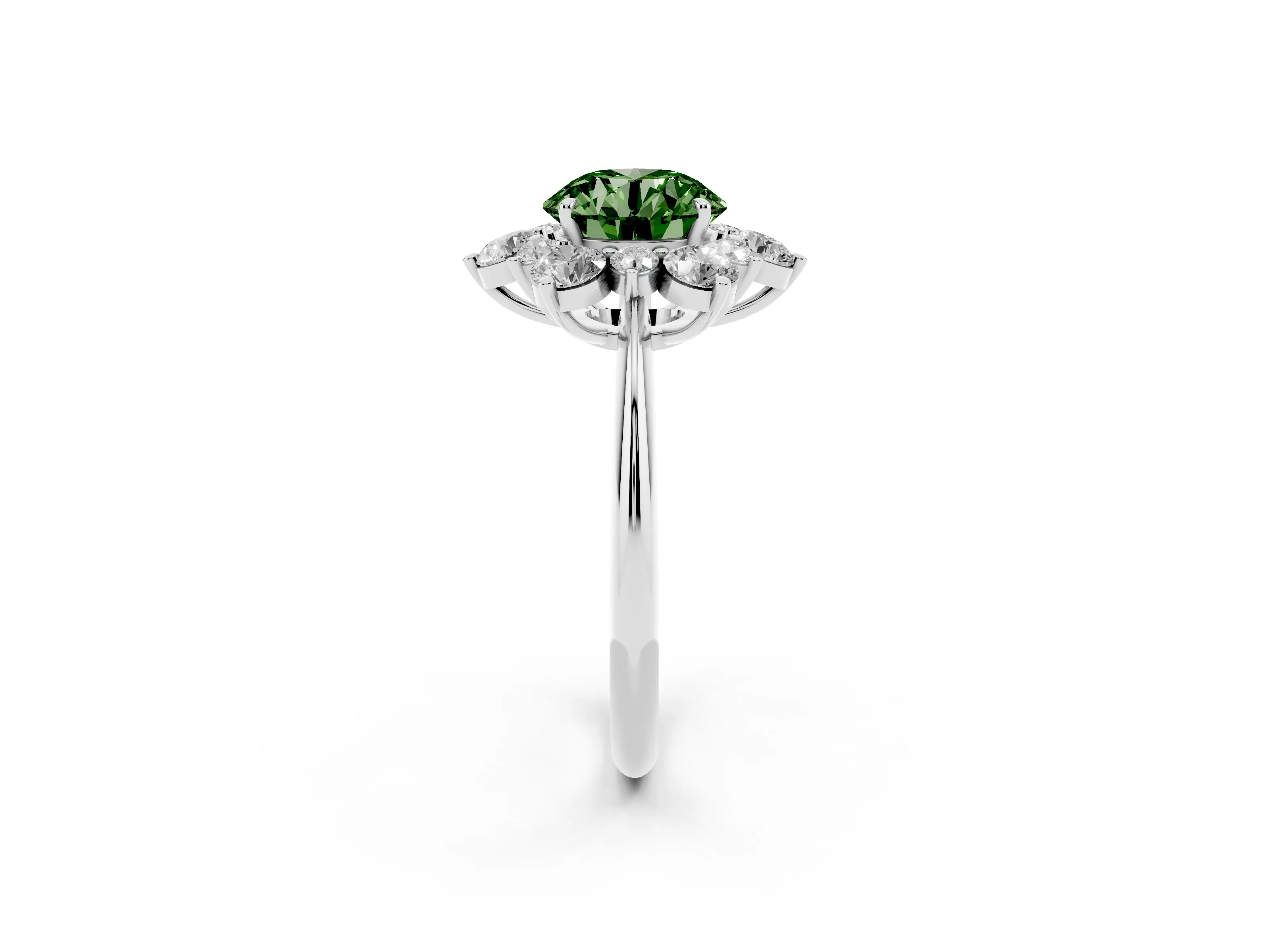 Fancy Green Round Cut Diamond Cluster Halo Ring Set in Silver with Solitaire Band and Prong Setting