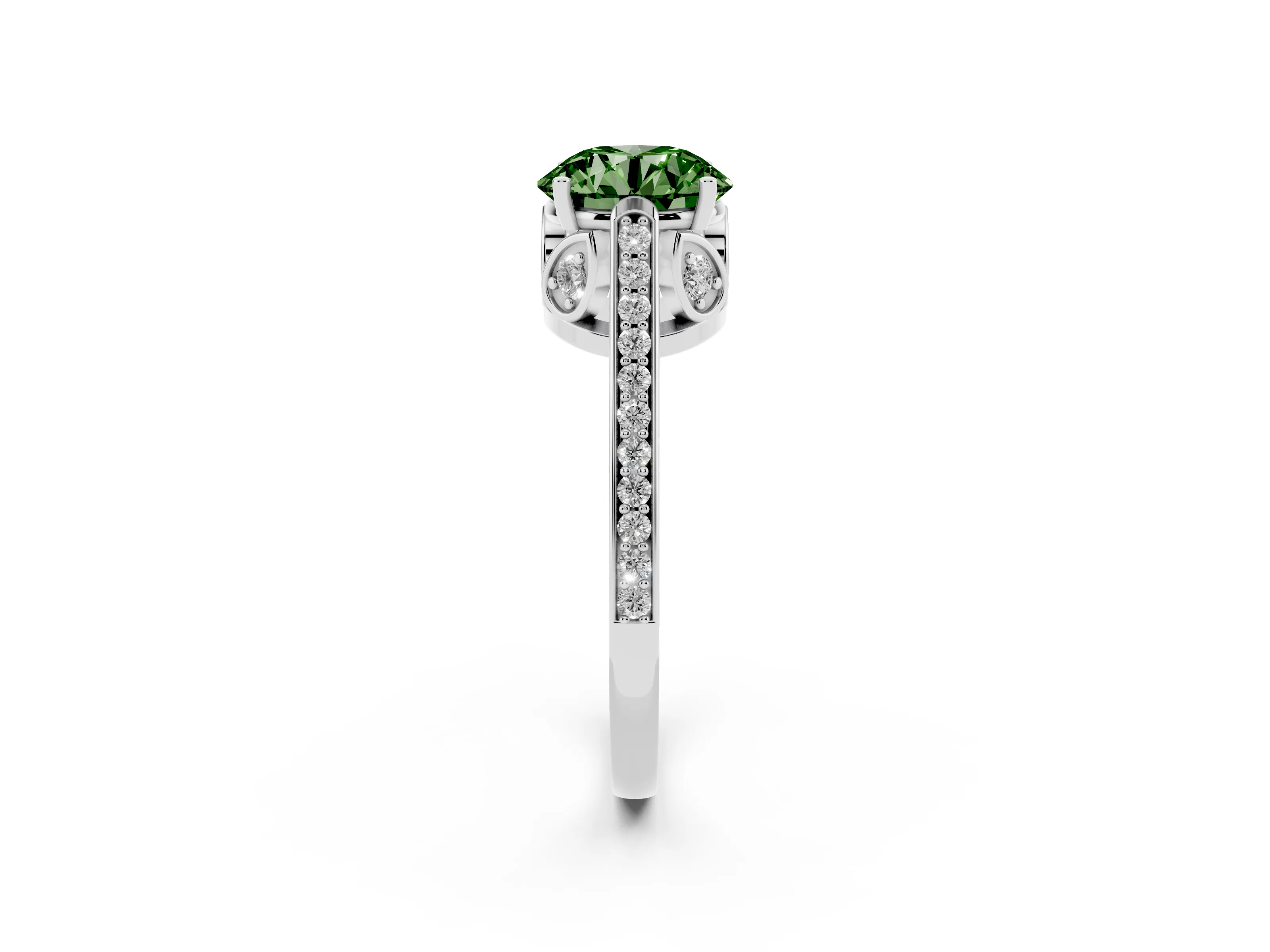 Fancy Green Round Cut Diamond Cathedral Pavé Engagement Ring Set in Silver with Prong Setting