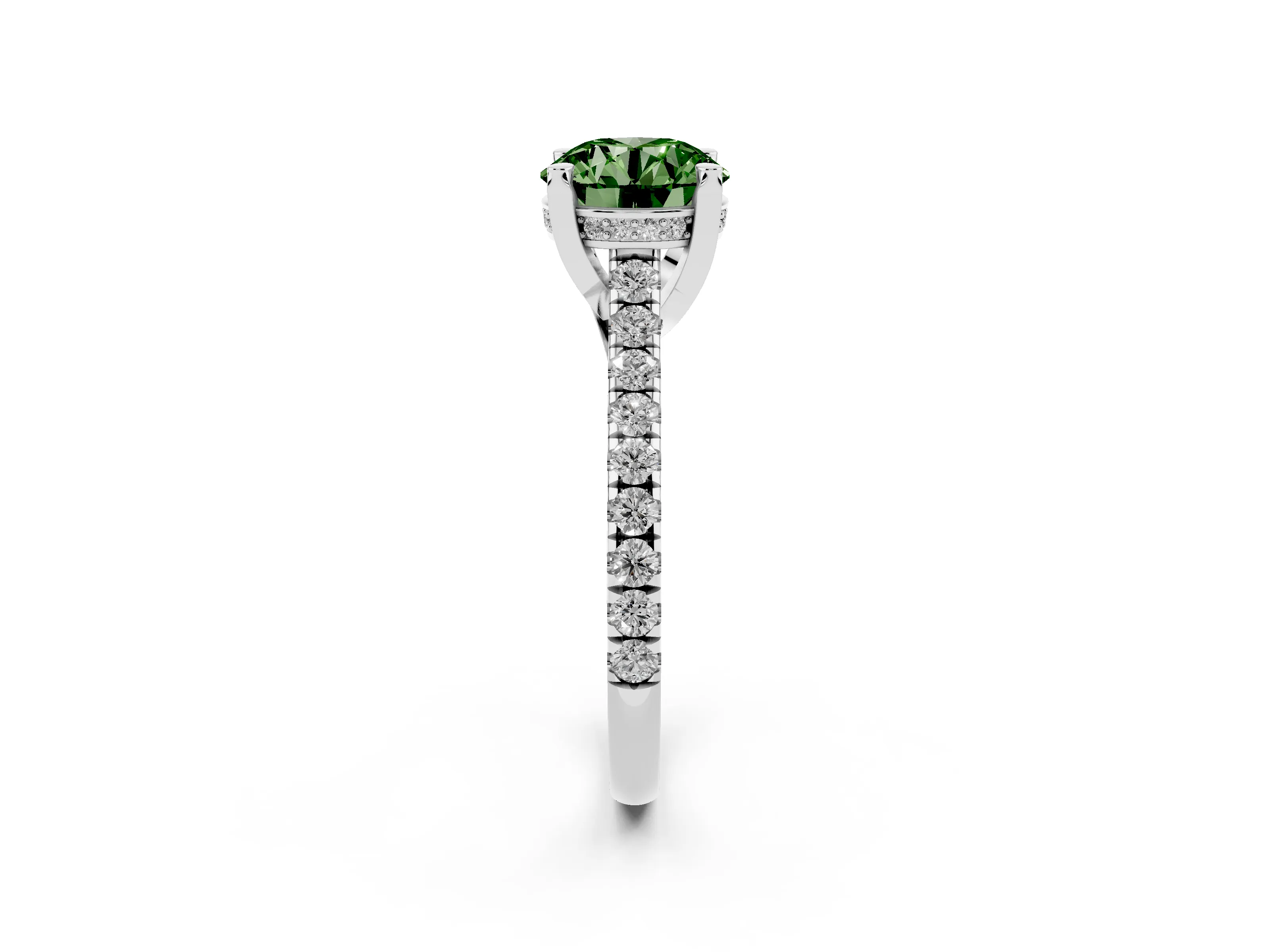 Fancy Green Round Cut Diamond Solitaire Ring Set in Platinum with Brilliant Pavé Band and Prong Setting