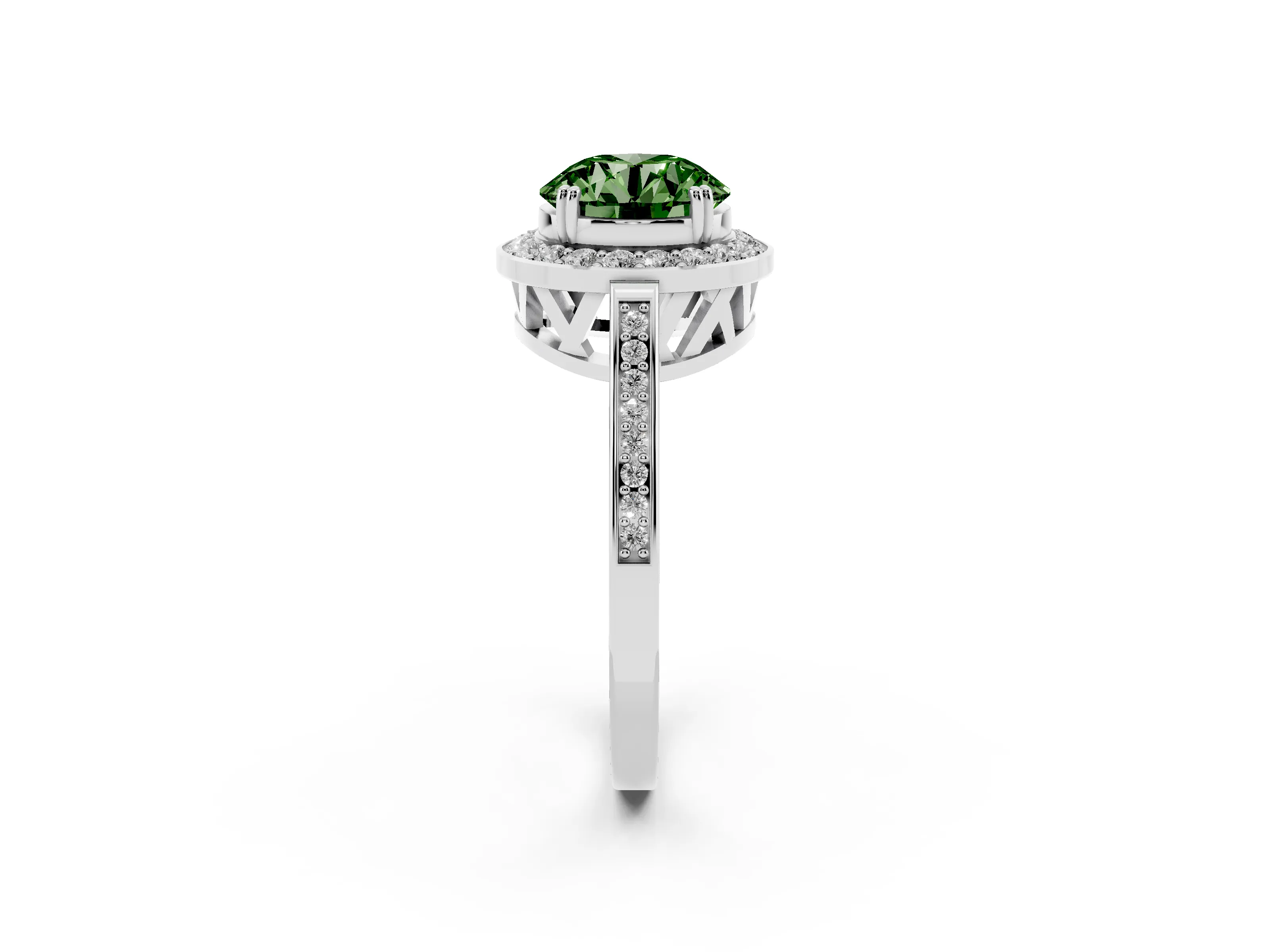 Fancy Green Round Cut Diamond Halo Ring Set in Silver with Accent-Lined Split Shank and Prong Setting