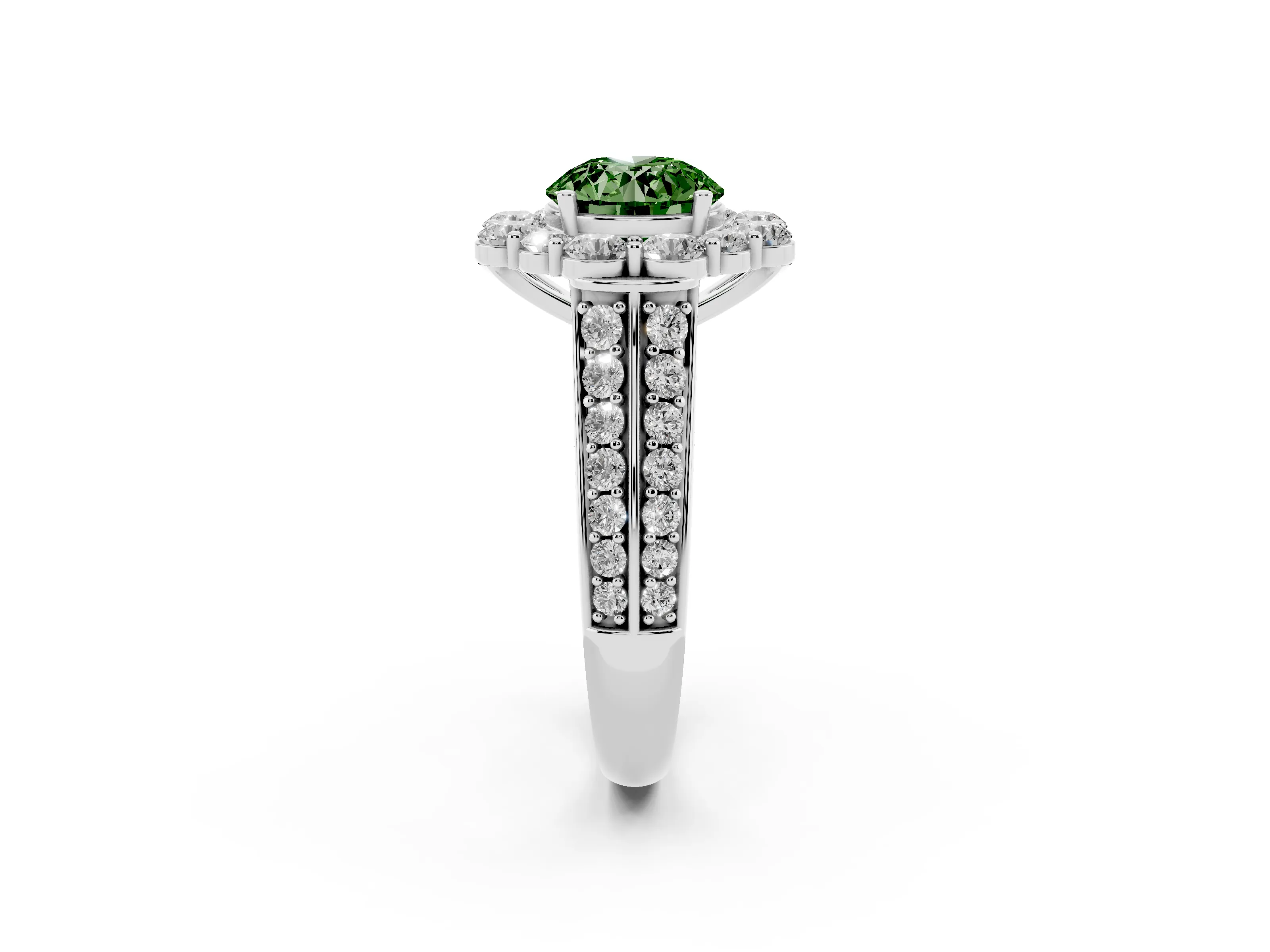Fancy Green Round Cut Diamond Halo Engagement Ring Set in White gold with Split Shank and Prong Setting