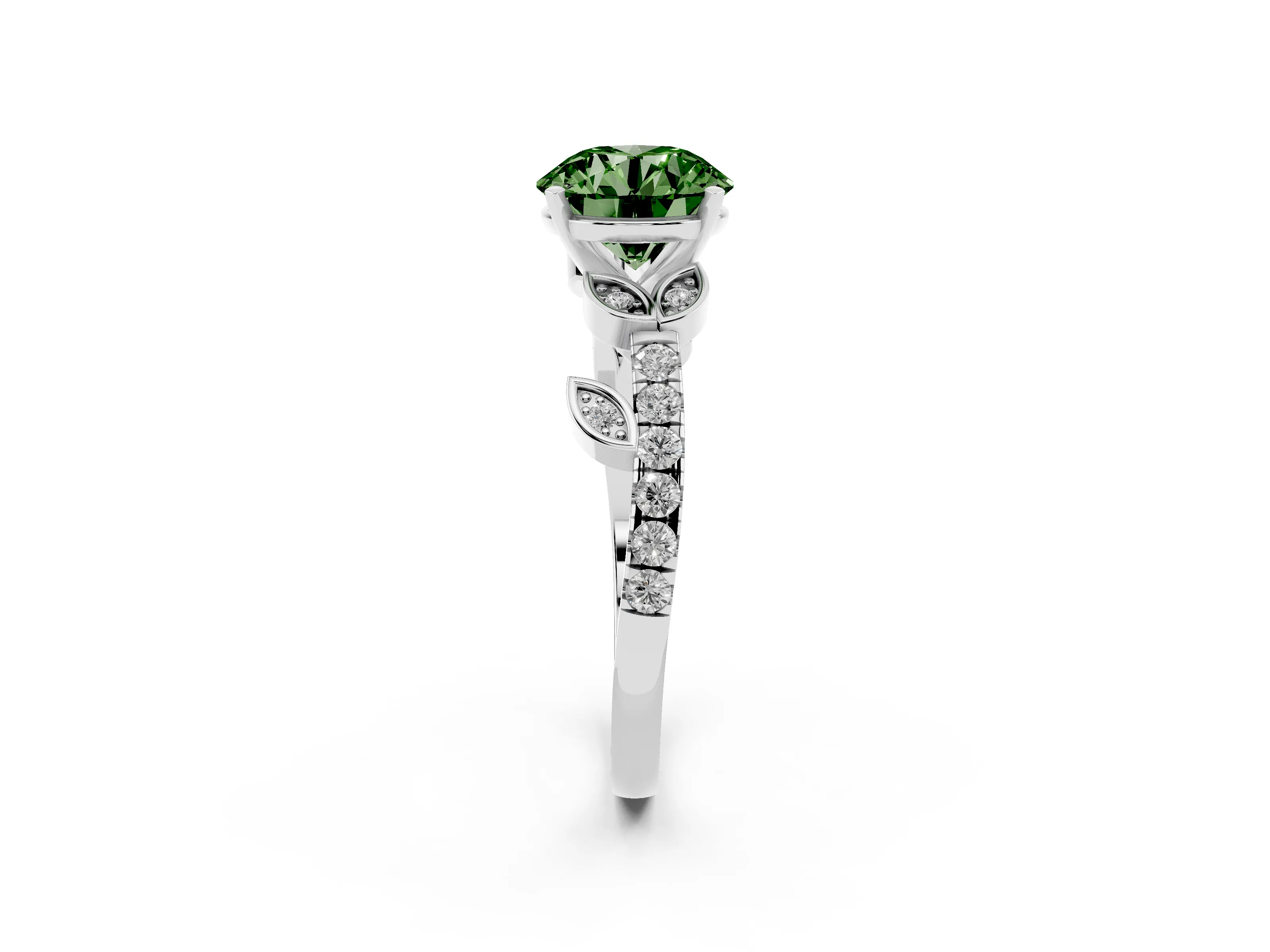 Fancy Green Round Cut Diamond Solitaire Leaf-Inspired Ring Set in Platinum with Pavé Band and Prong Setting