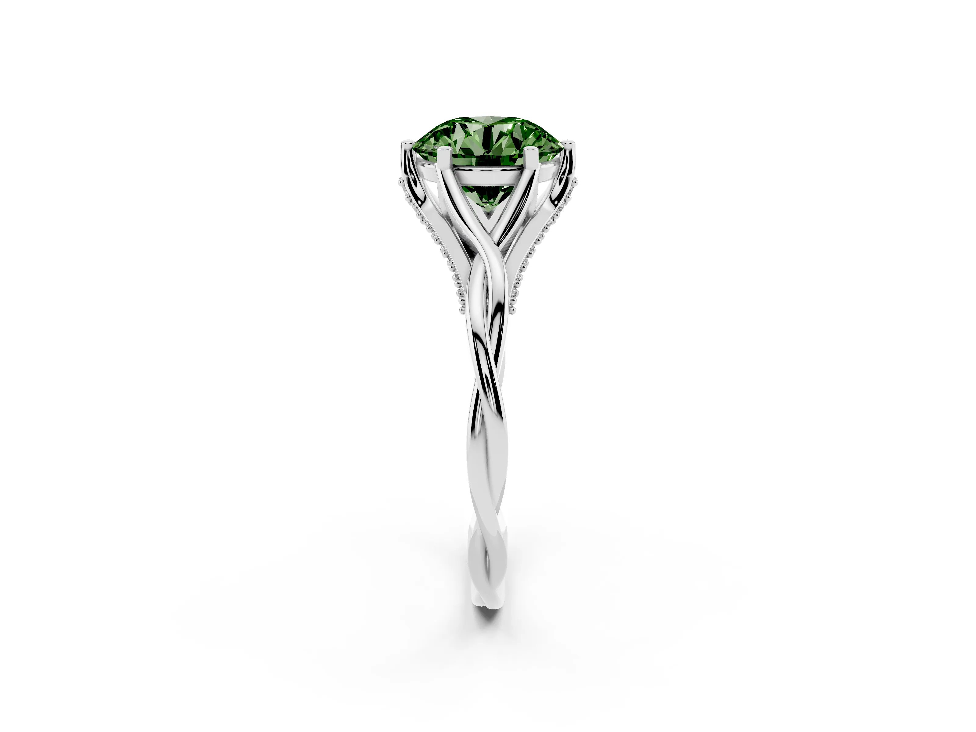 Fancy Green Round Cut Diamond Intertwined Twist Band Solitaire Ring Set in Platinum with Prong Setting