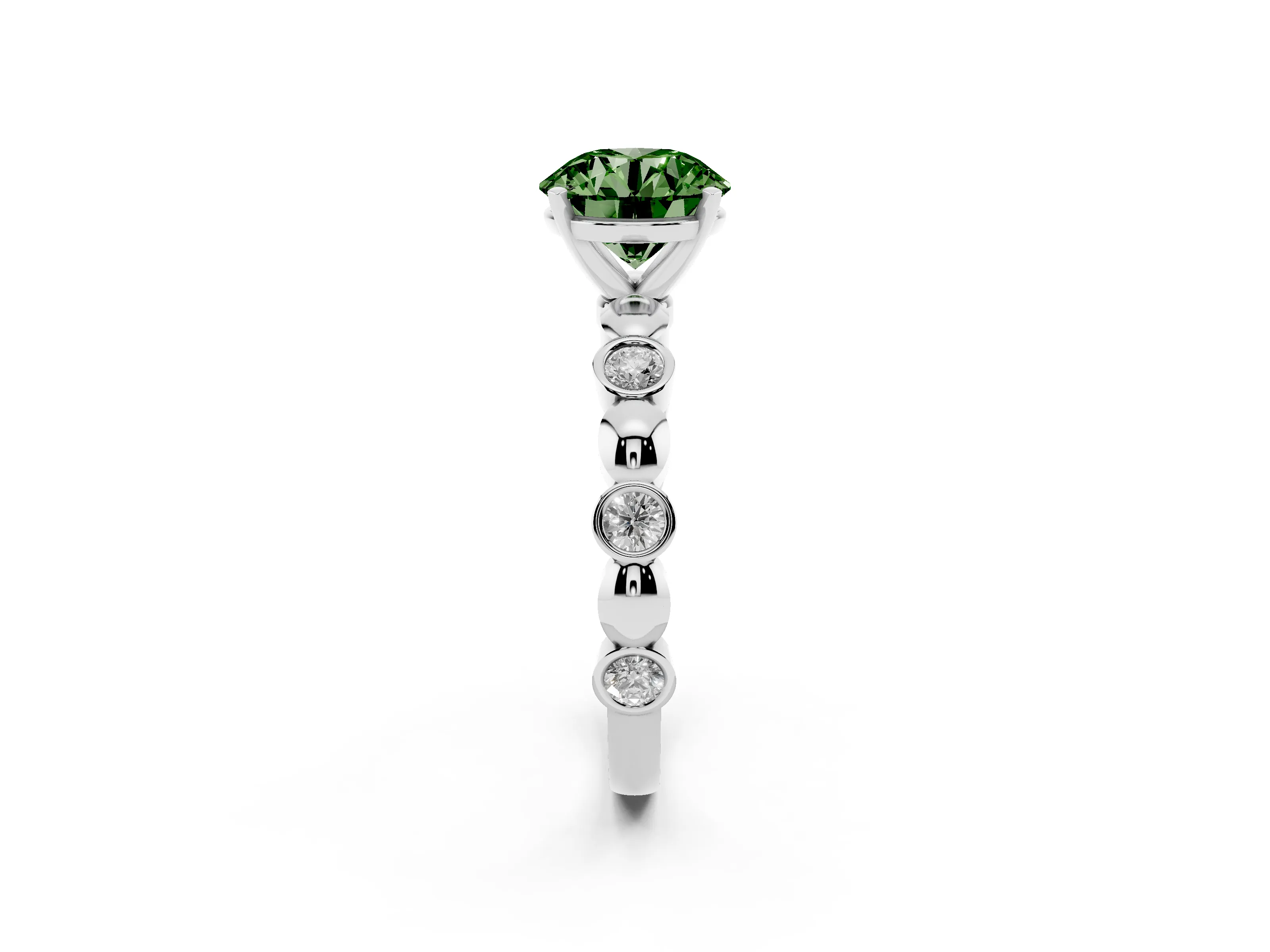 Fancy Green Round Cut Diamond Solitaire Ring Set in Silver with Bezel-Set Accents on Beaded Band and Prong Setting