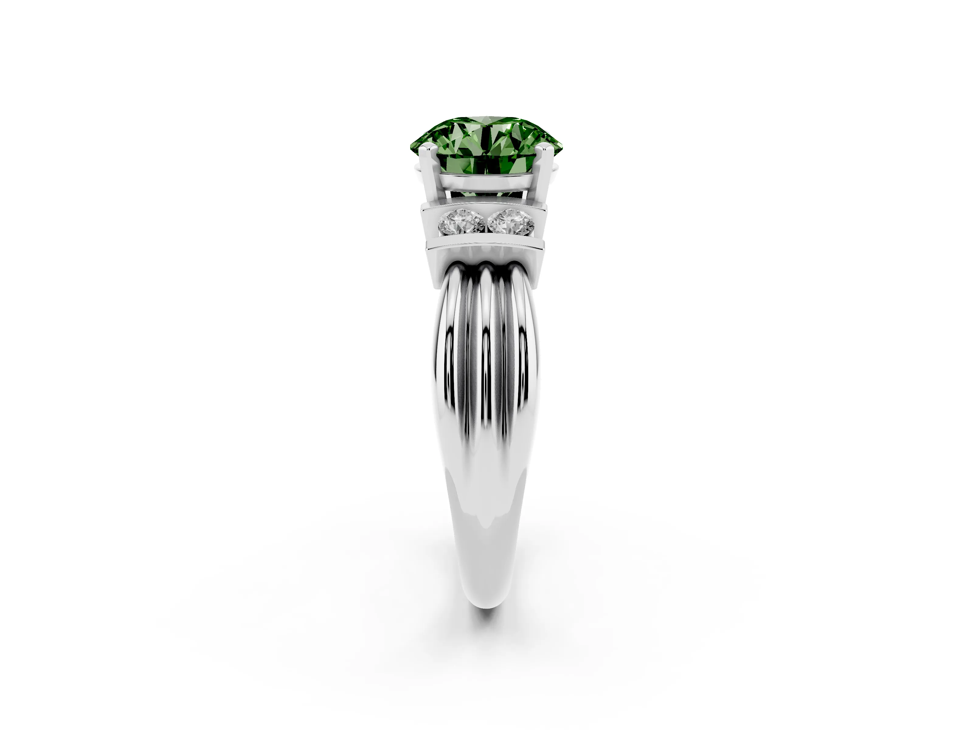 Fancy Green Three-Stone Round Cut Diamond Channel Set Ring Set in Platinum with Bar Prongs
