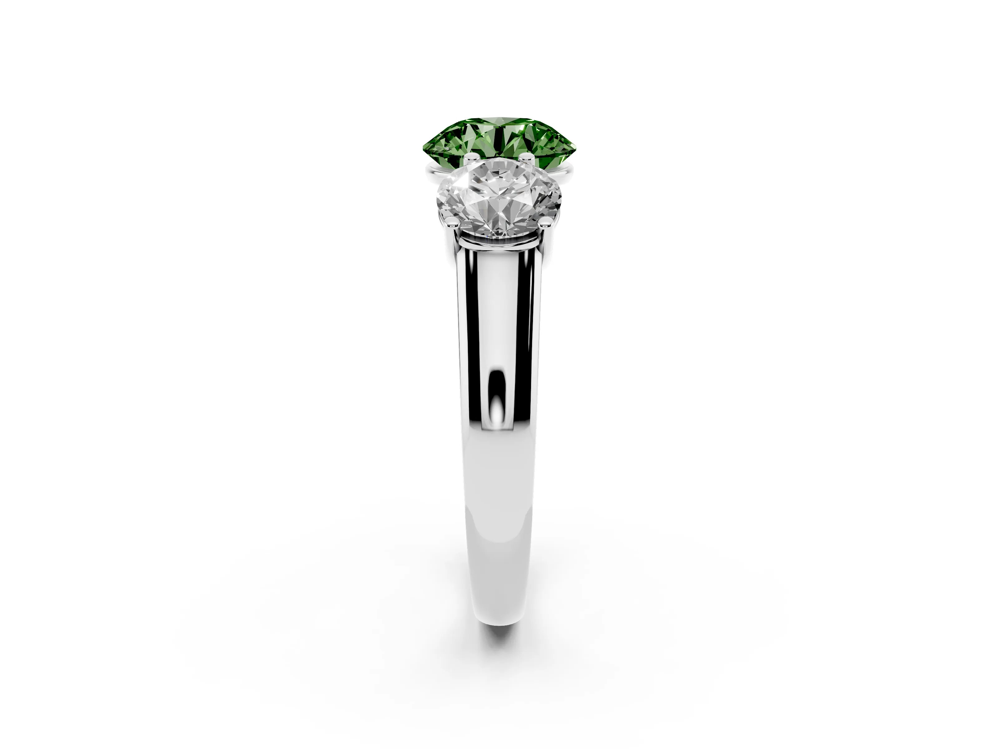 Fancy Green Round Cut Diamond Three-Stone Ring Set in Silver with Plain Polished Band