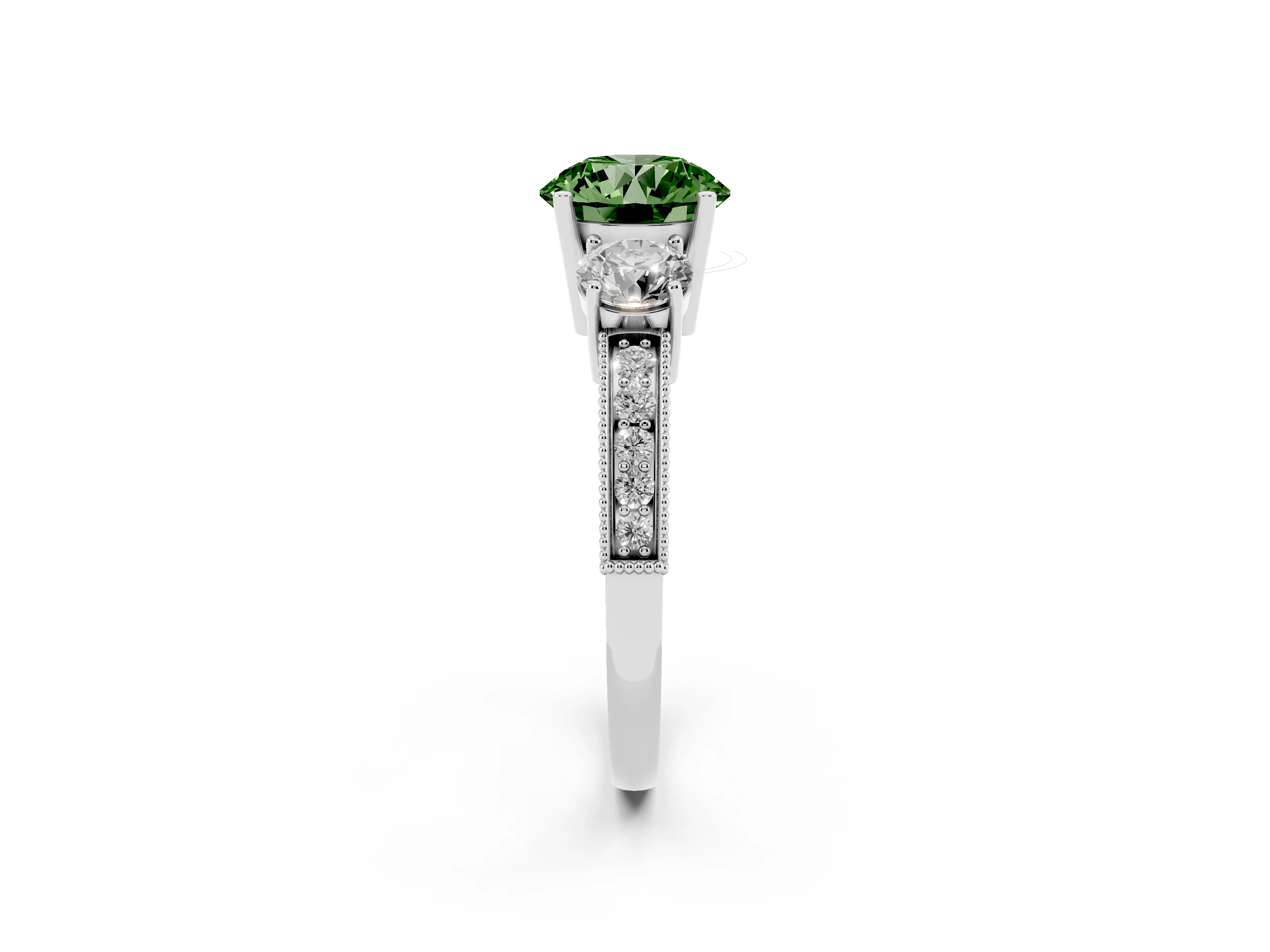 Fancy Green Round Cut Diamond Three-Stone Ring Set in White gold with Round Side Stones and Pavé Band