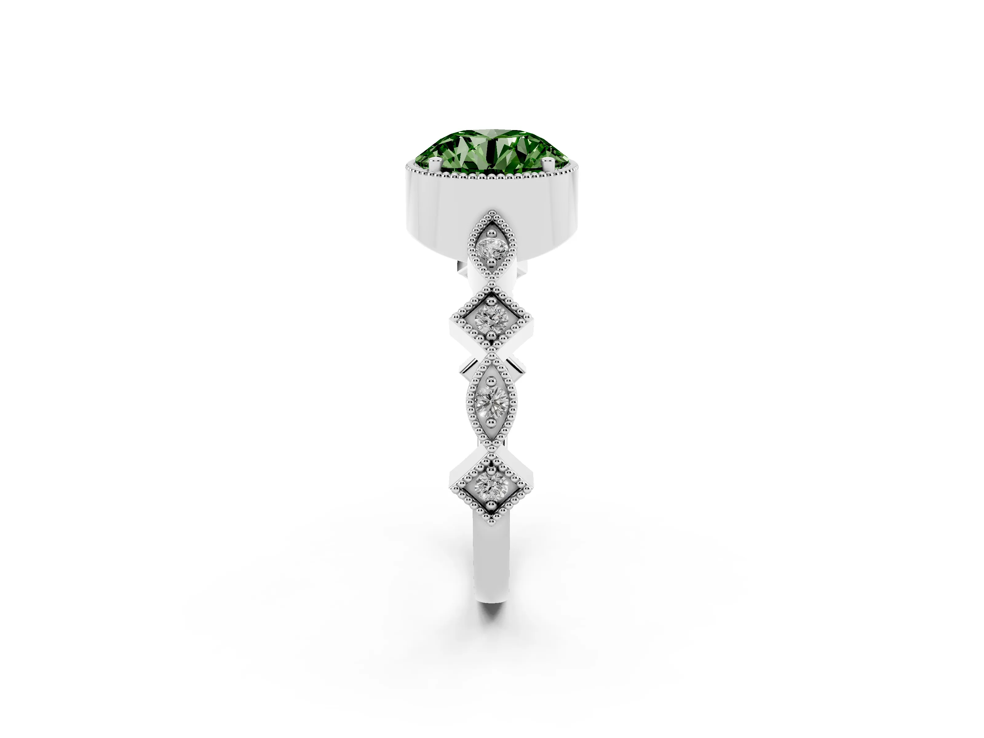 Fancy Green Round Cut Diamond Milgrain Marquise Twist Band Ring Set in Silver with Prong Setting