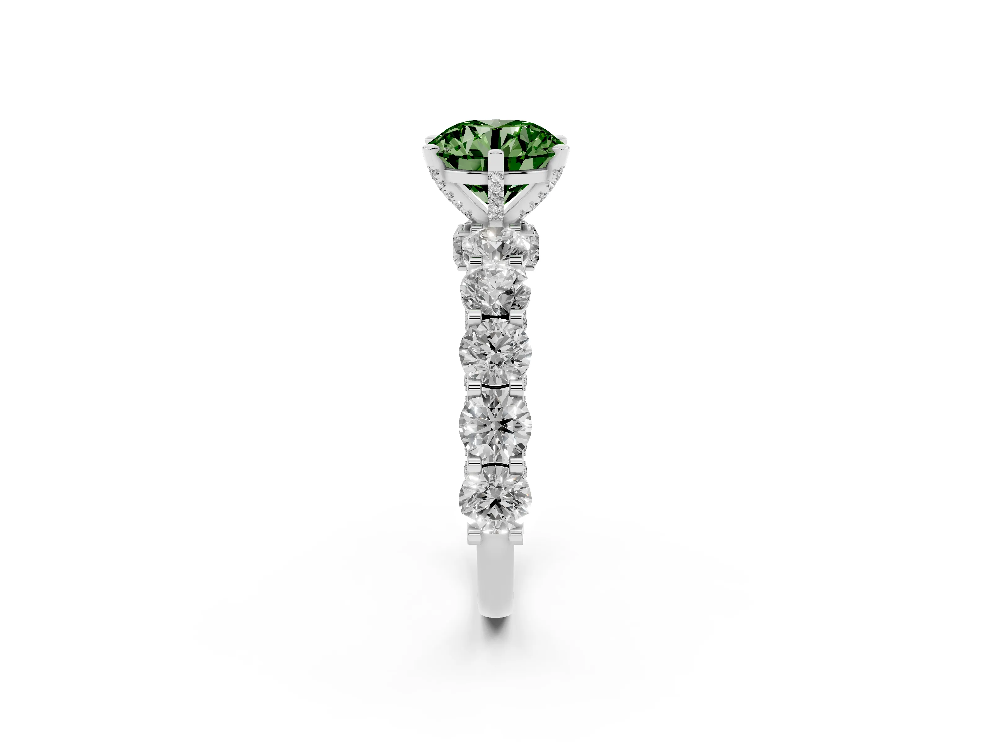 Fancy Green Round Cut Diamond Side Stone Ring Set in Silver with Alternating Round and Oval Side Stones