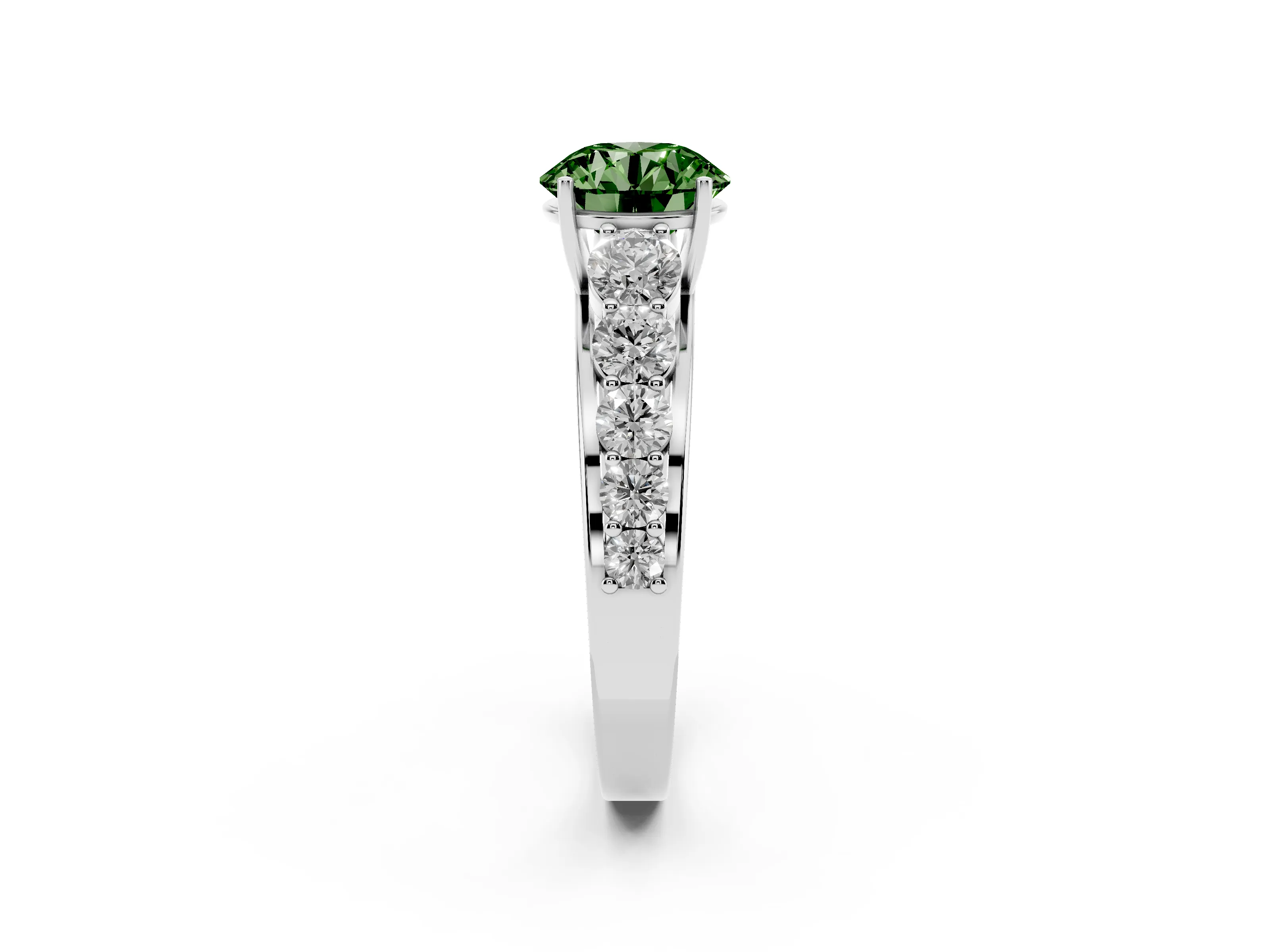Fancy Green Round Cut Diamond Solitaire Ring Set in White gold with Pavé-Set Band and Prong Setting