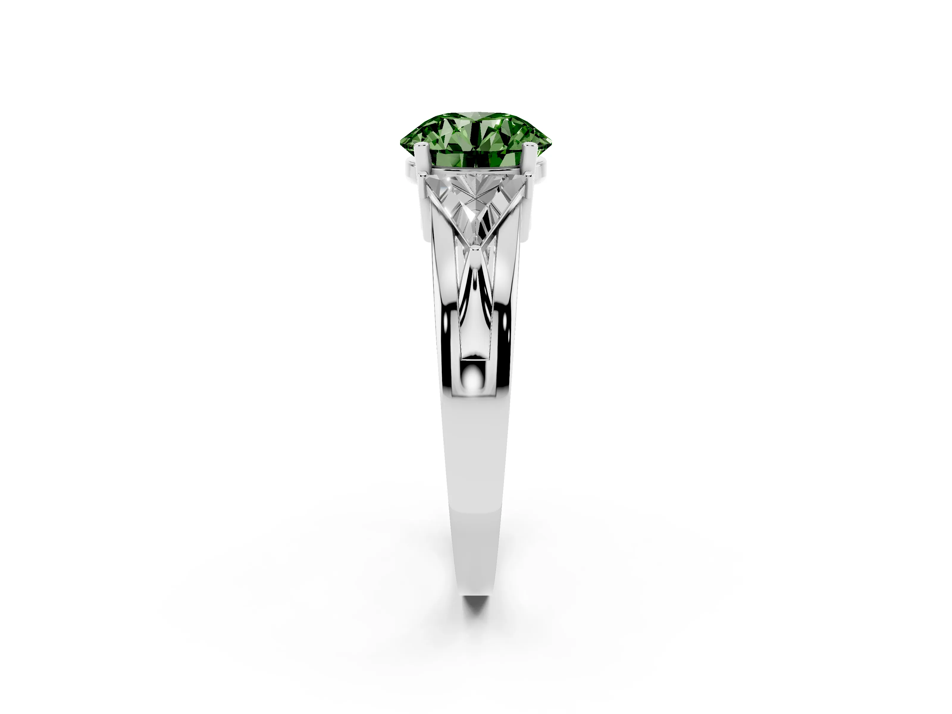 Fancy Green Round Cut Diamond Three-Stone Ring Set in Silver with Trillion Side Stones and Split Shank