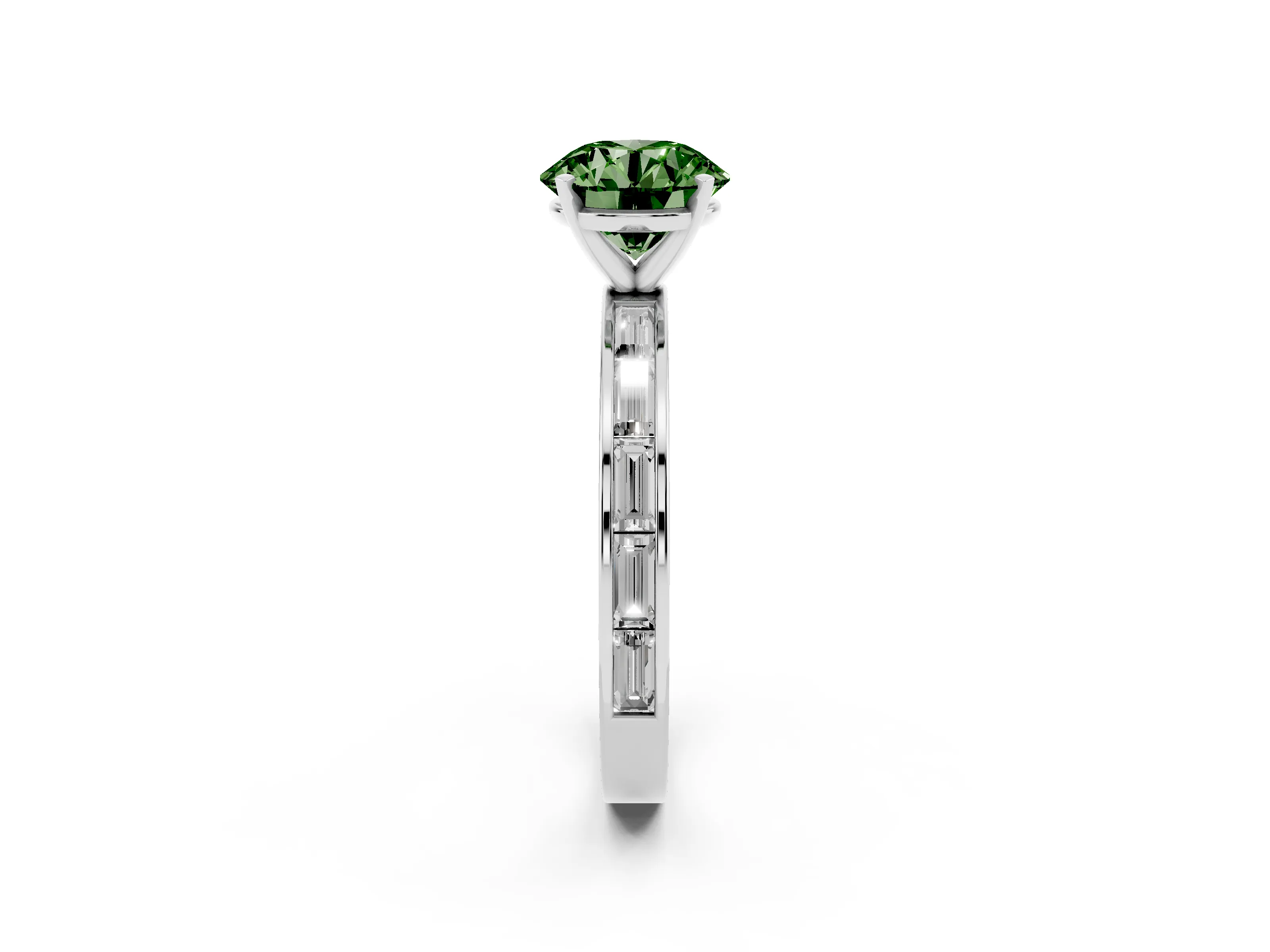 Fancy Green Round Cut Diamond Solitaire Ring Set in Platinum with Channel-Set Baguette Band and Prong Setting
