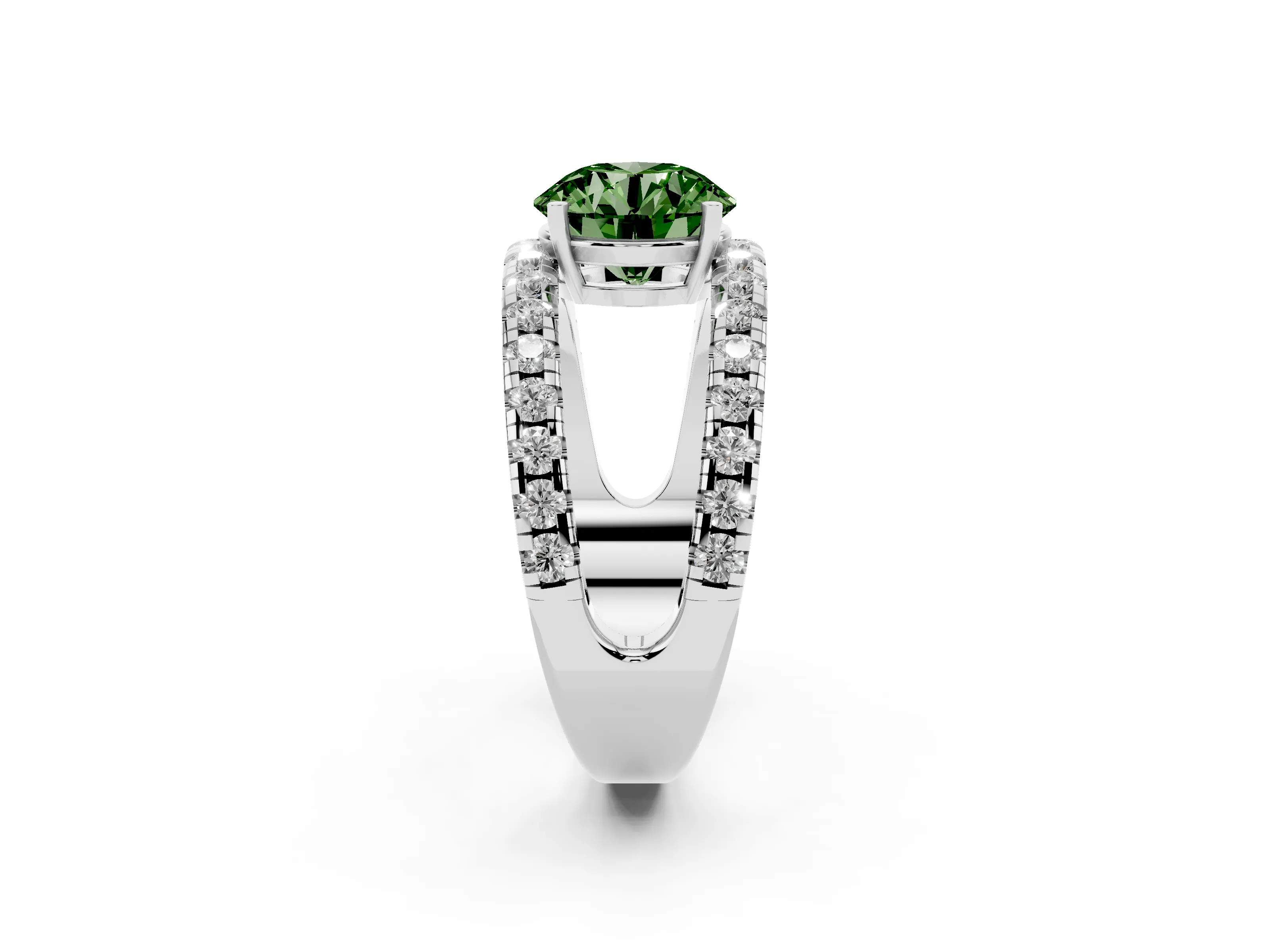 Fancy Green Round Cut Diamond Split Shank Pavé Solitaire Ring Set in Platinum with Open Shank Design