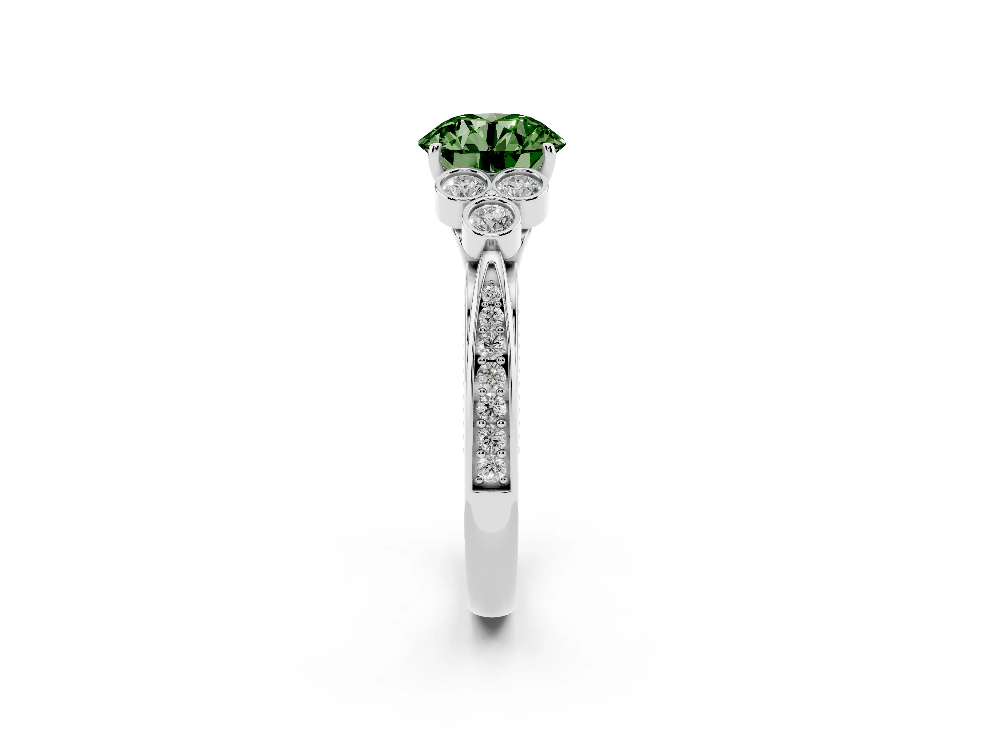 Fancy Green Round Cut Diamond Engagement Ring Set in Platinum with Bezel Set Round Side Stones and Prong Setting