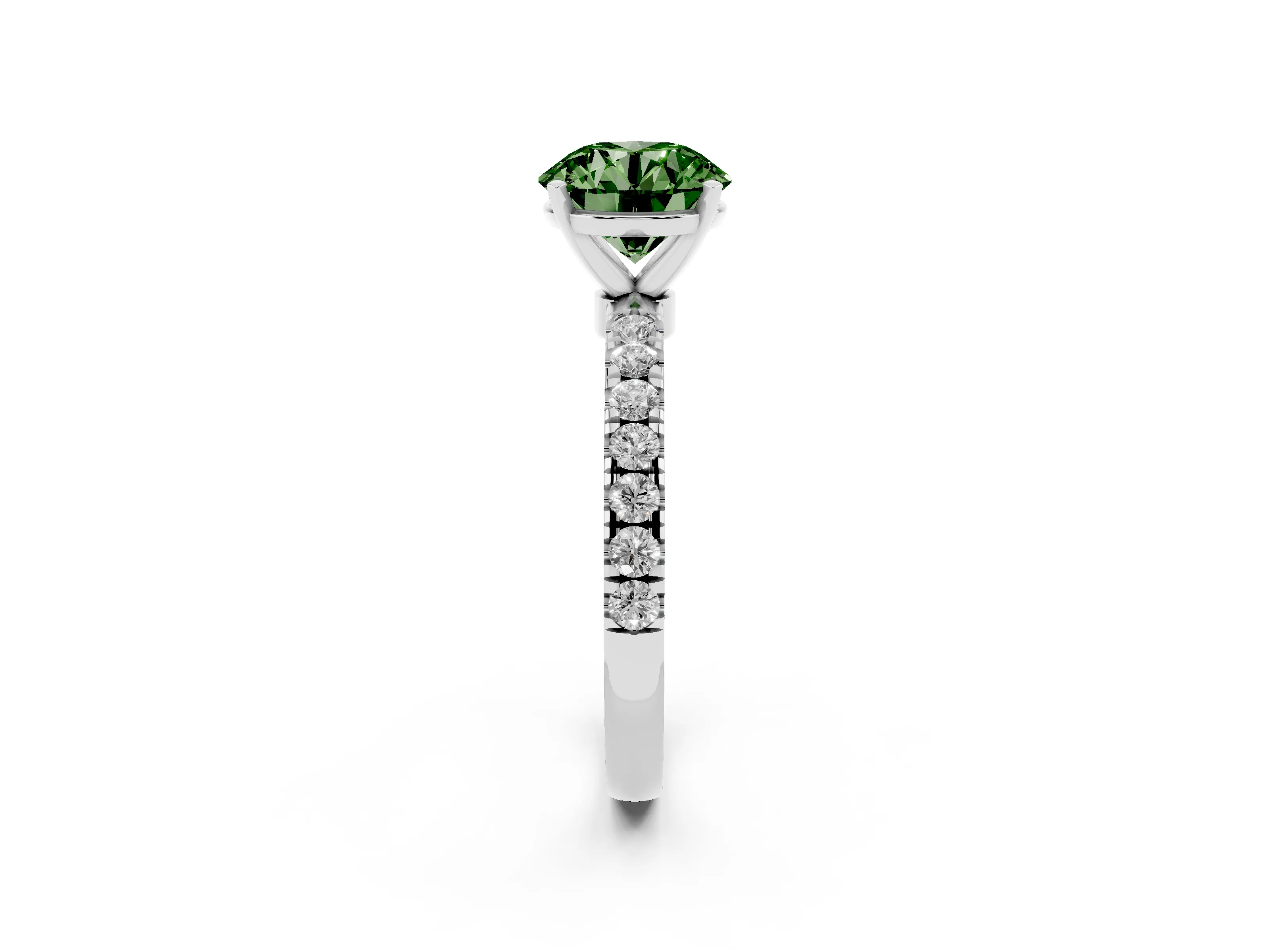 Fancy Green Round Cut Diamond Solitaire Ring Set in Silver with Pavé Accents and Prong Setting