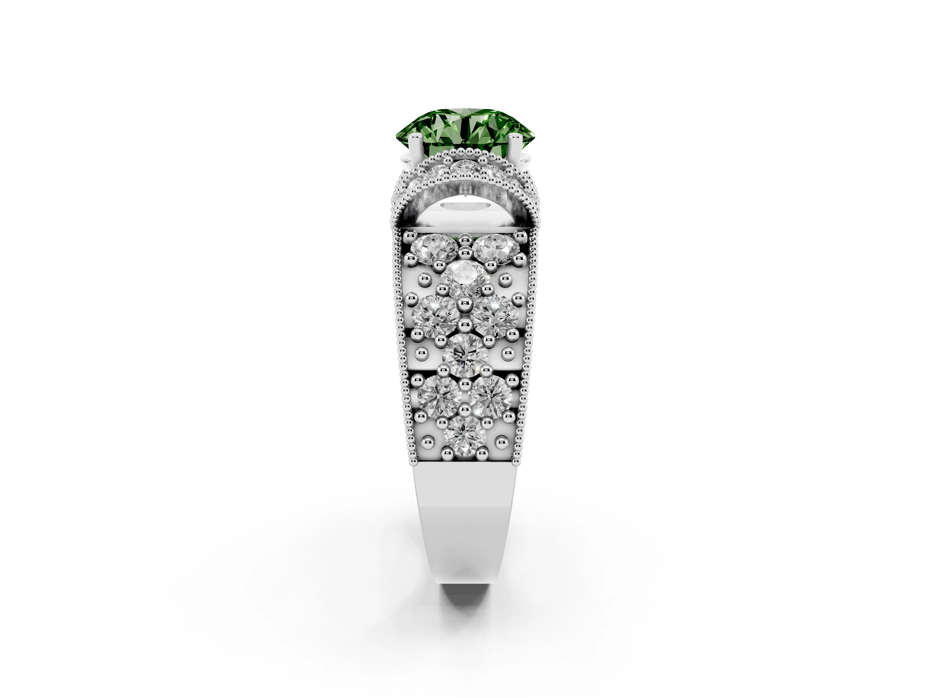 Fancy Green Round Cut Diamond Milgrain Halo Pavé Engagement Ring Set in Silver with Prong Setting