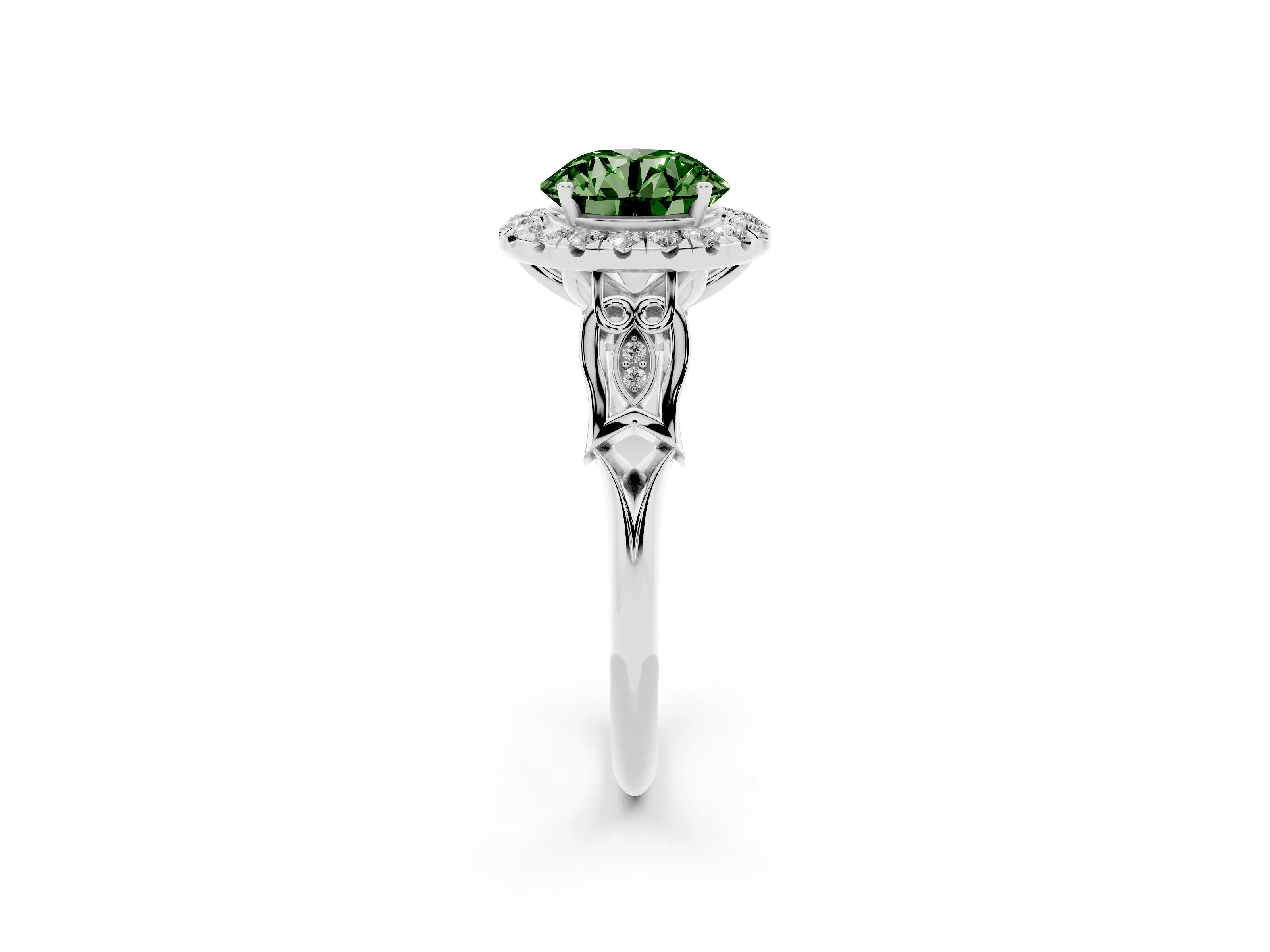 Fancy Green Round Cut Diamond Halo Engagement Ring Set in Silver with Filigree Band and Prong-Set Center