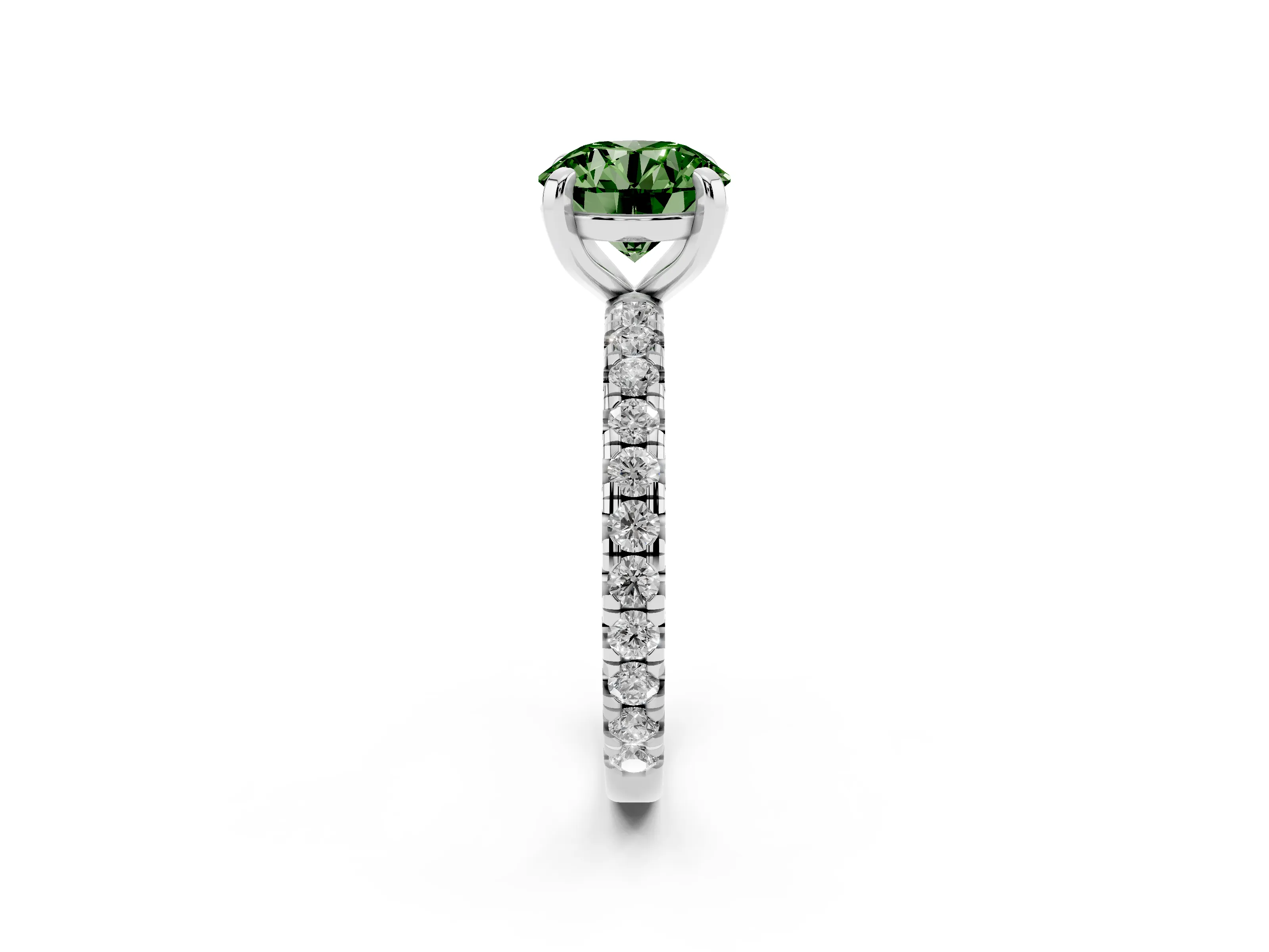Fancy Green Round Cut Diamond Pavé Solitaire Ring Set in Silver with Round Band and Prong Setting