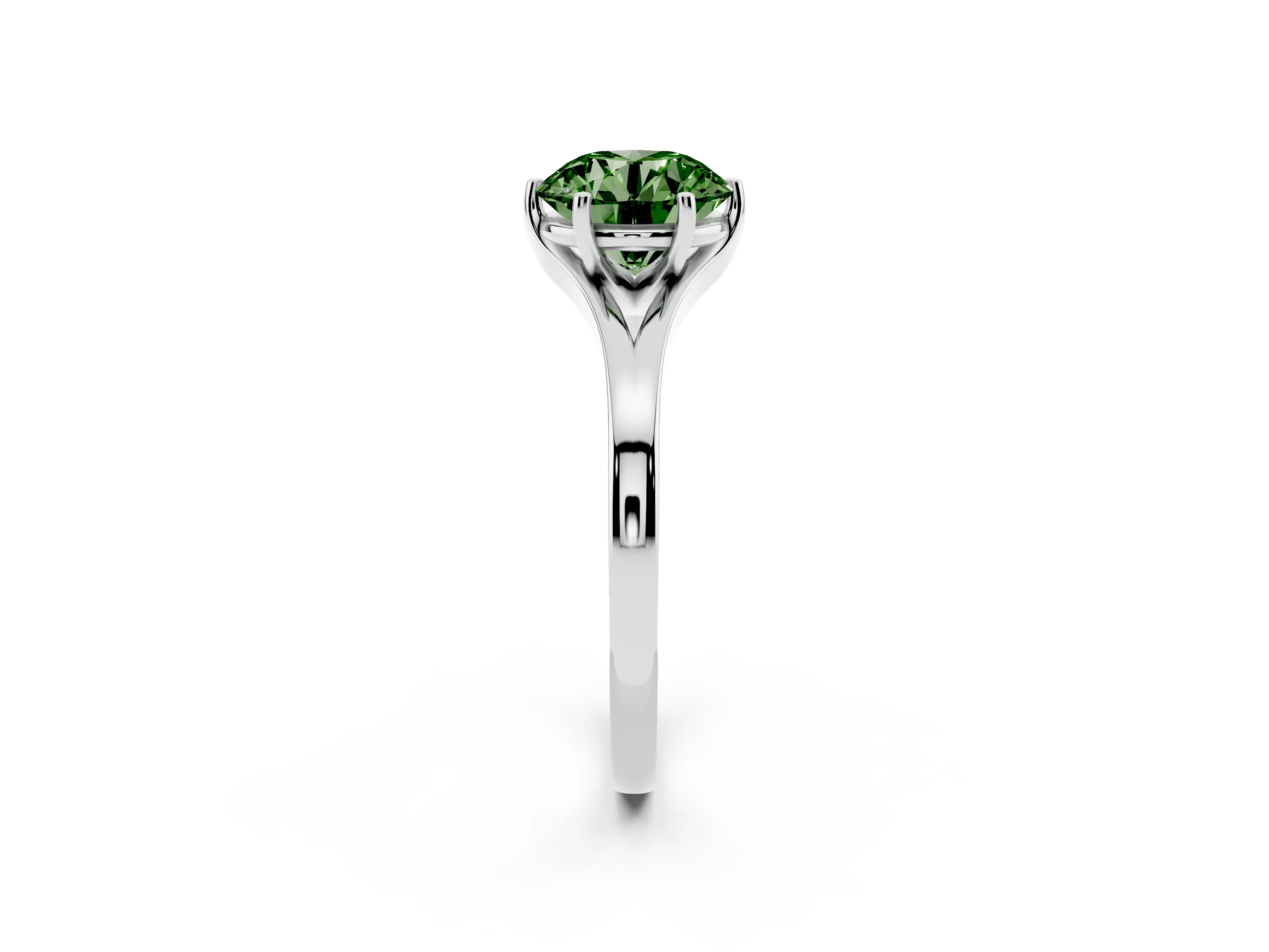 Fancy Green Round Cut Diamond Solitaire Ring Set in Silver with Polished Tapered Band and Prong Setting
