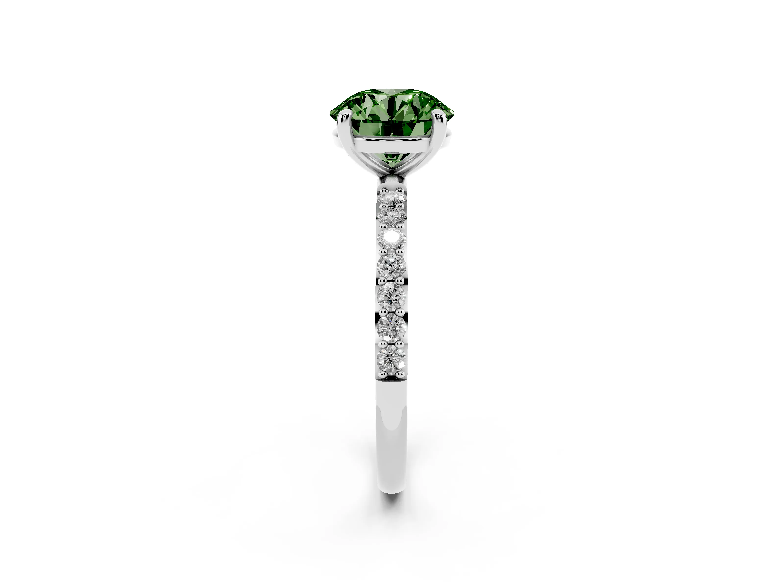 Fancy Green Round Cut Diamond Solitaire Ring Set in Platinum with Round Pavé Band and Prong Setting