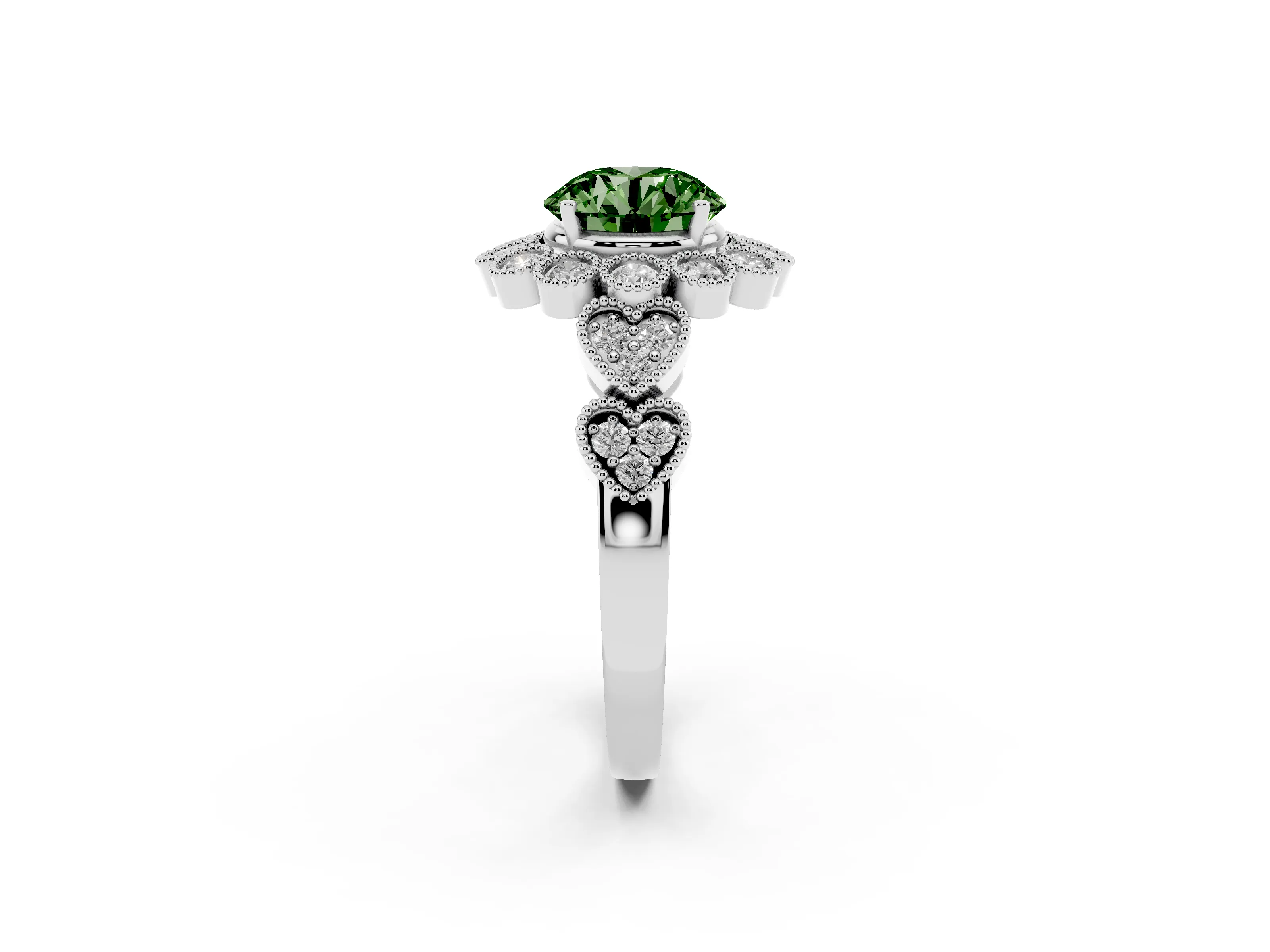 Fancy Green Round Cut Diamond Solitaire Ring Set in White gold with Milgrain Pavé Heart Band