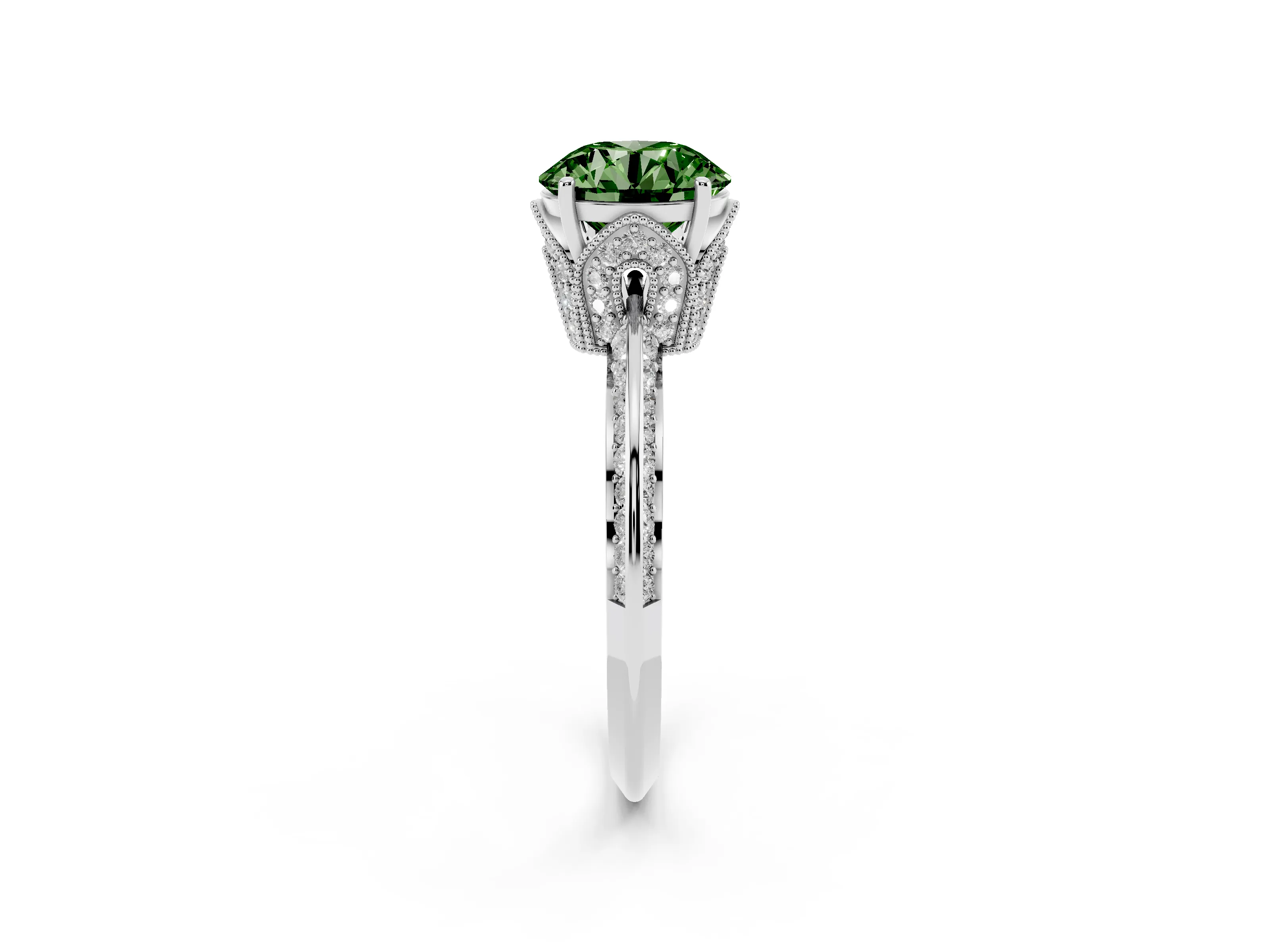 Fancy Green Round Cut Diamond Solitaire Engagement Ring Set in Silver with Pavé Split Shank and Prong Setting