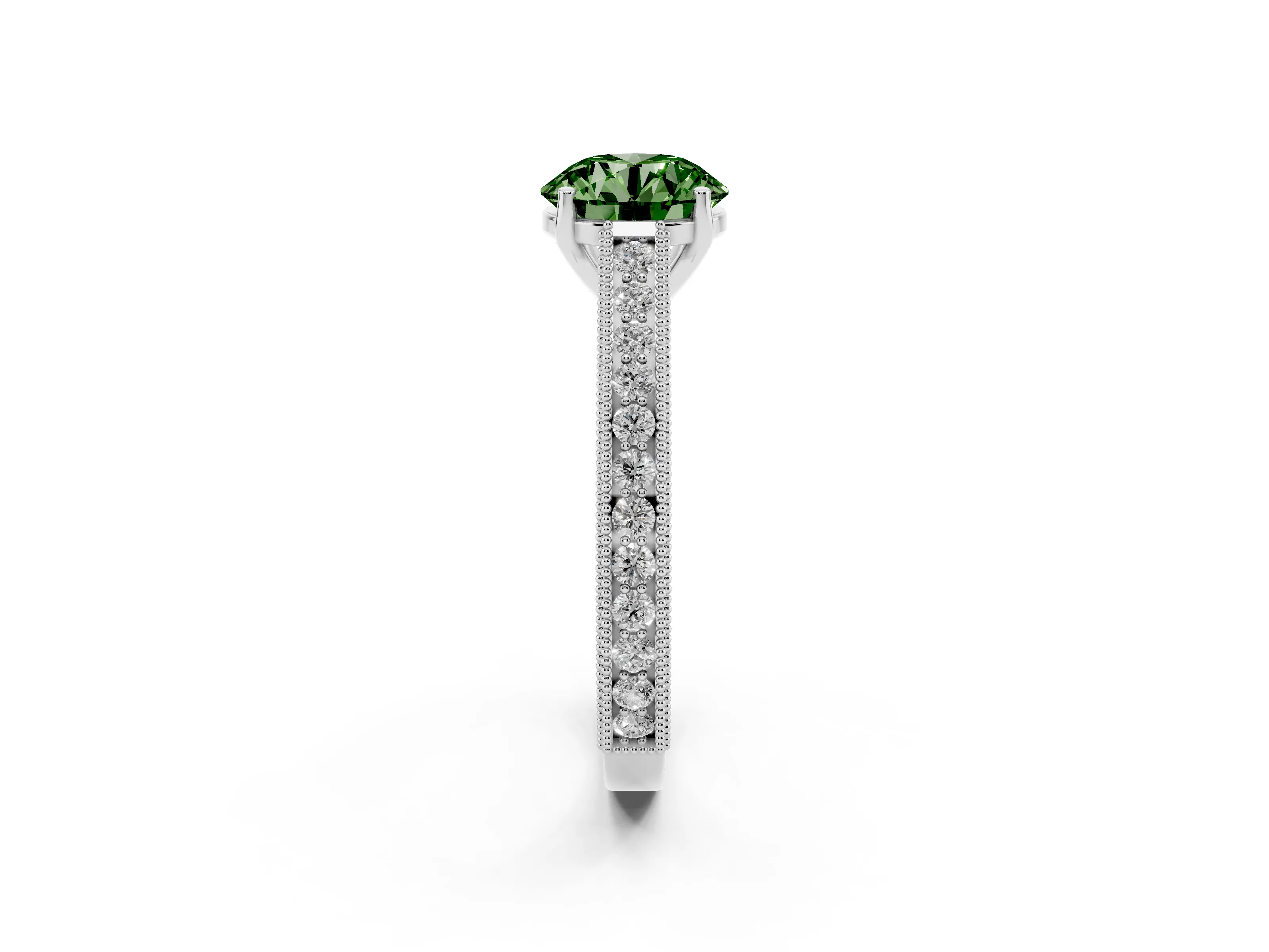 Fancy Green Round Cut Diamond Milgrain Pavé Band Solitaire Ring Set in Silver with Prong Setting